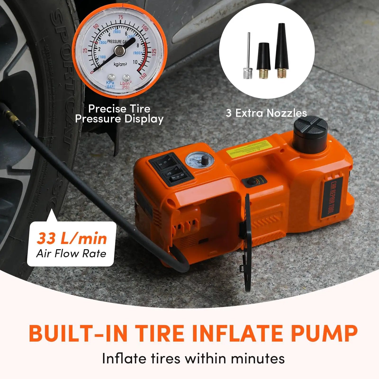 All In One 5 Ton Electric Car Jack Kit With 12V Portable Hydraulic Floor Jack Impact Wrench Tire Inflator Pump And LED Light