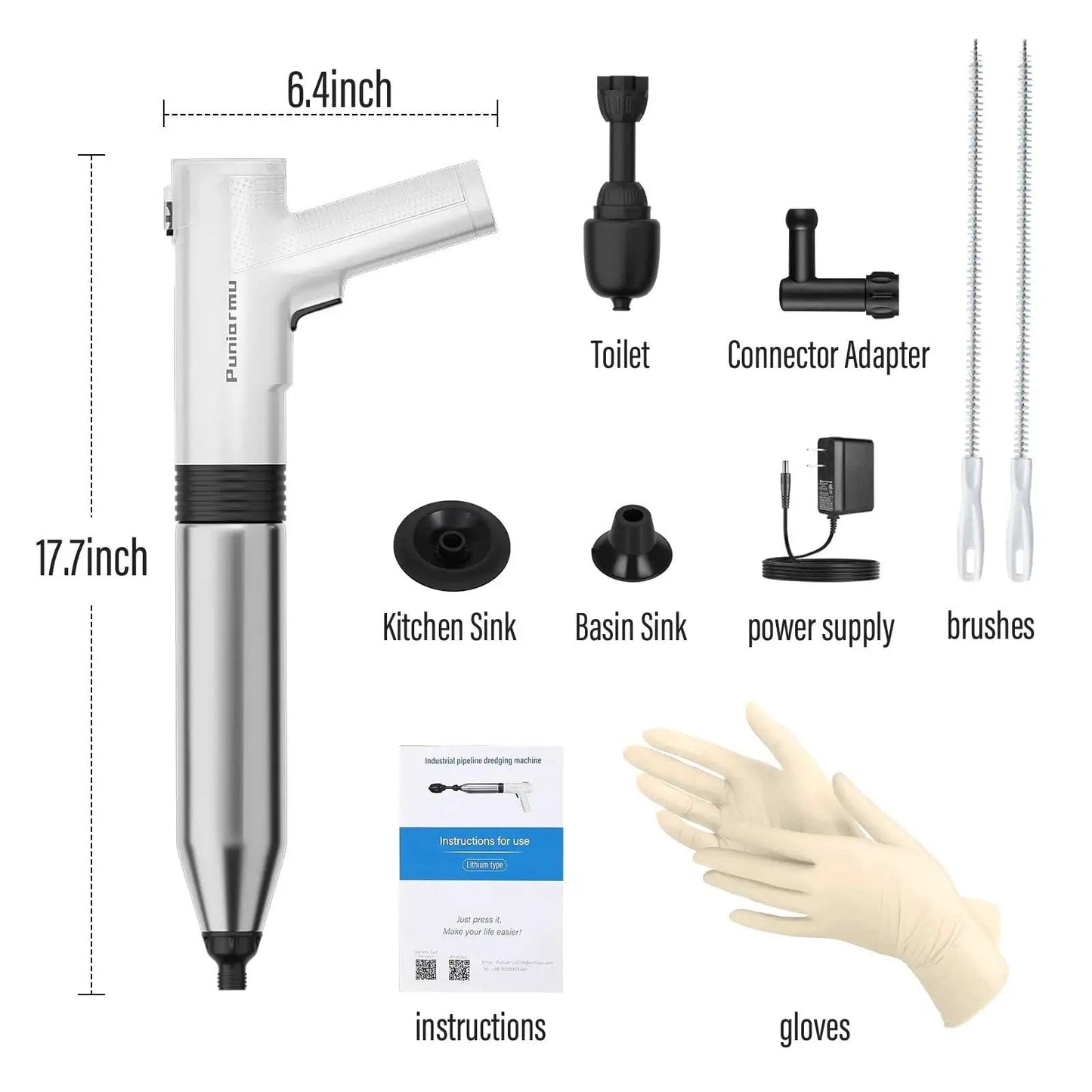 Electric Toilet Plunger That Clears Clogs Fast With 6 Bar Pressure And Built In Air Pump No Pumping No Waiting by Puniarmu, accessories shown