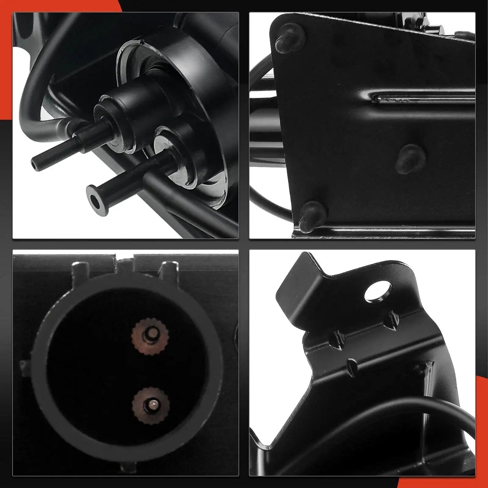 Close-up views of connector and mounting details for electric vacuum pump compatible with Ford F Series Super Duty and Dodge Ram Trucks 1999 to 2010.