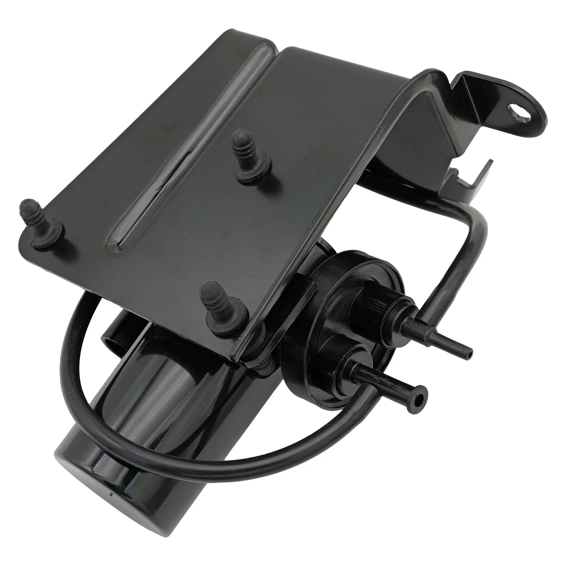 Electric Vacuum Pump For Ford F Series Super Duty And Dodge Ram With Bracket, front view with mounting bracket and vacuum connections