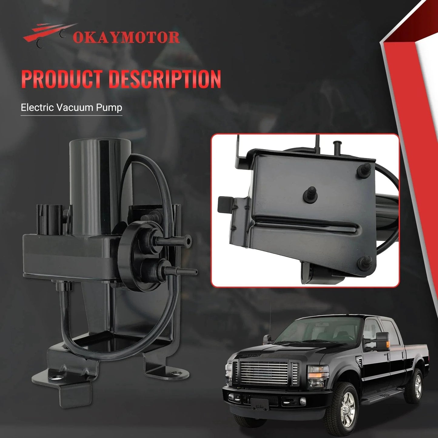 Electric Vacuum Pump For Ford F Series Super Duty And Dodge Ram With Bracket 1999 2010 shown with truck image