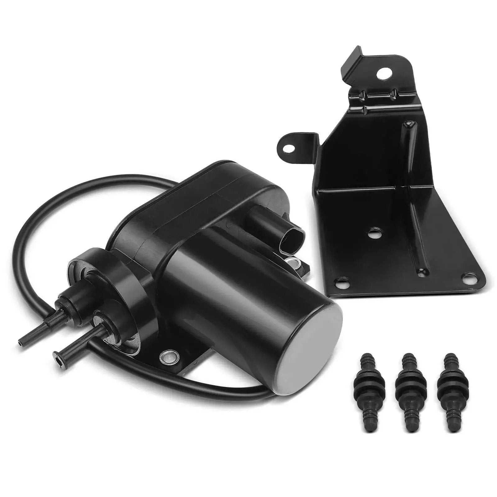 Electric Vacuum Pump Compatible With Ford F Series Super Duty And Dodge Ram Trucks 1999 To 2010 with mounting bracket and fittings.