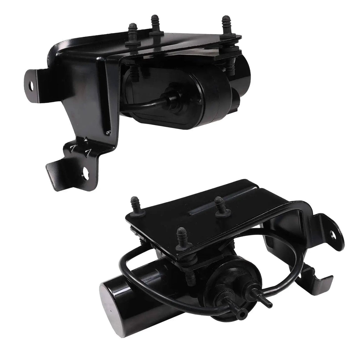 Electric Vacuum Pump Replacement 904-214 for Dodge Ram and Ford F-Series, black, metal construction, shown in front and side views