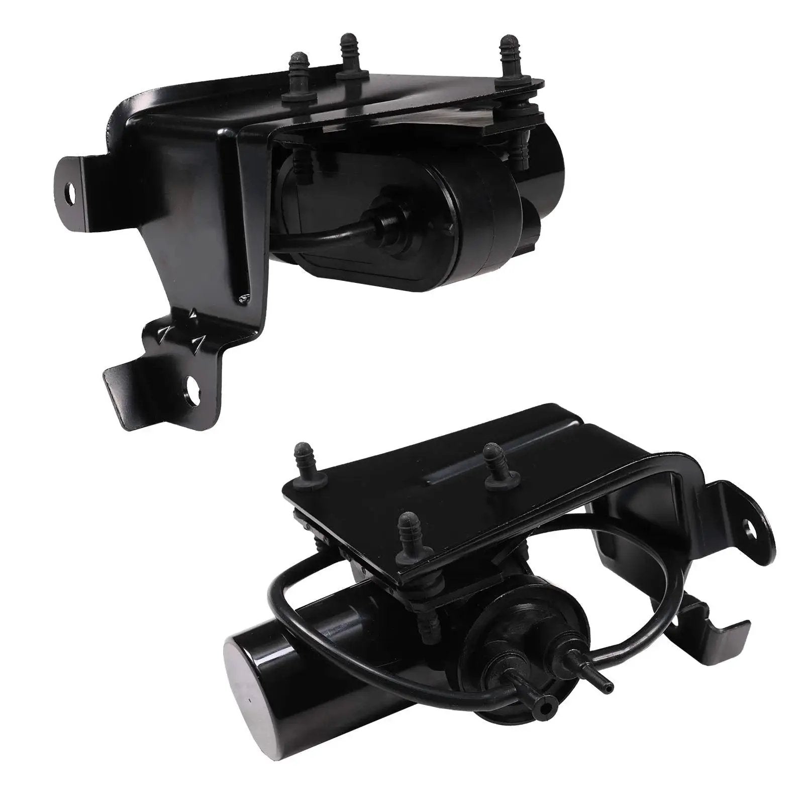 Electric Vacuum Pump Replacement 904-214 for Dodge Ram and Ford F-Series, black, metal construction, shown in front and side views