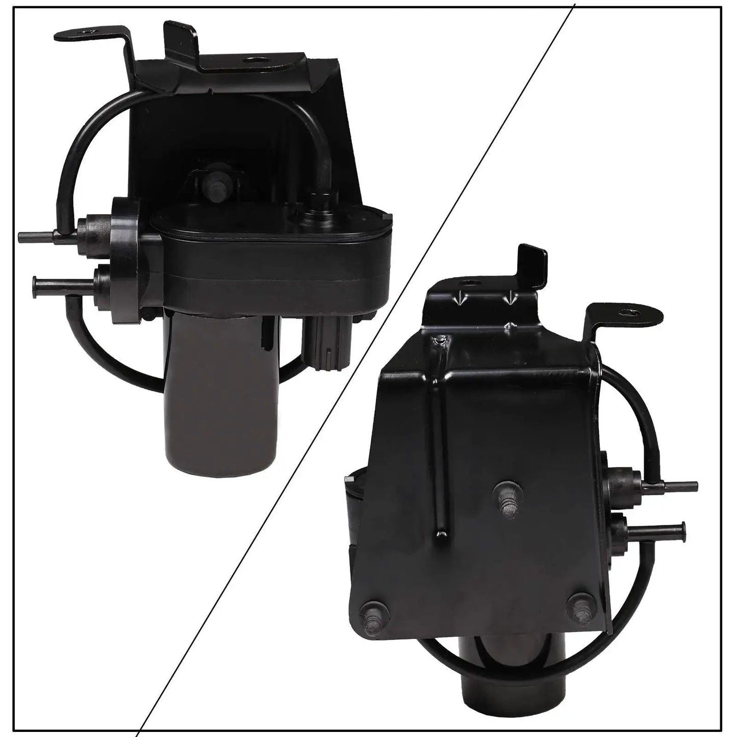 Electric Vacuum Pump Replacement 904-214 for Dodge Ram and Ford Super Duty shown from two angles.