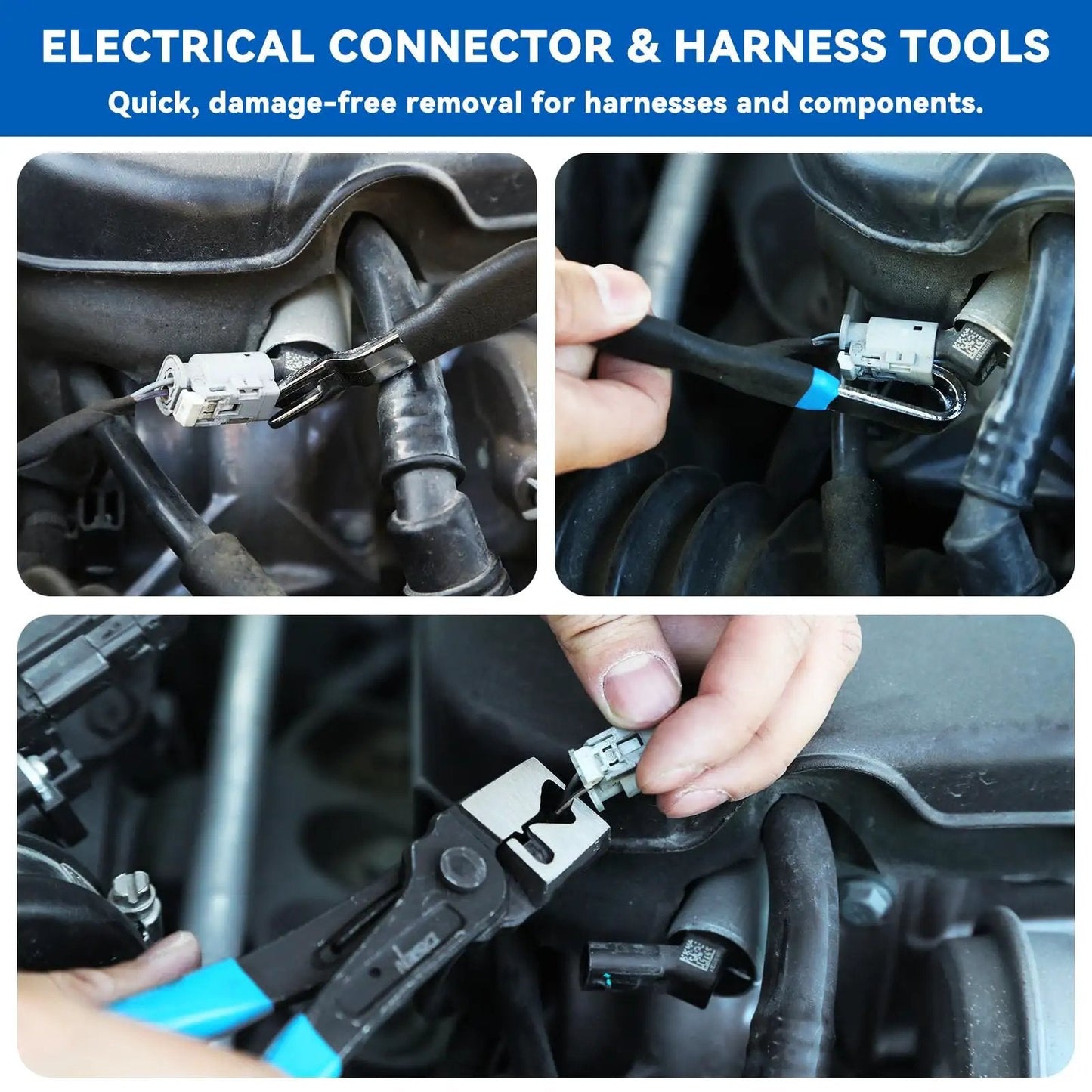 Close-up of 13-Piece Automotive Electrical Disconnect Pliers removing electrical connector in engine bay