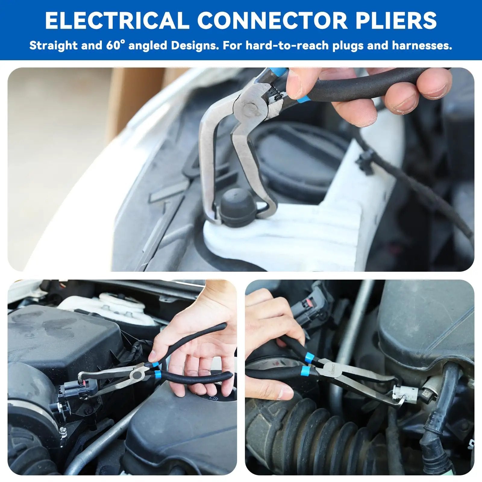 13-Piece Automotive Electrical Disconnect Pliers And Fuel Line Tool Set used on engine components, showing pliers in action