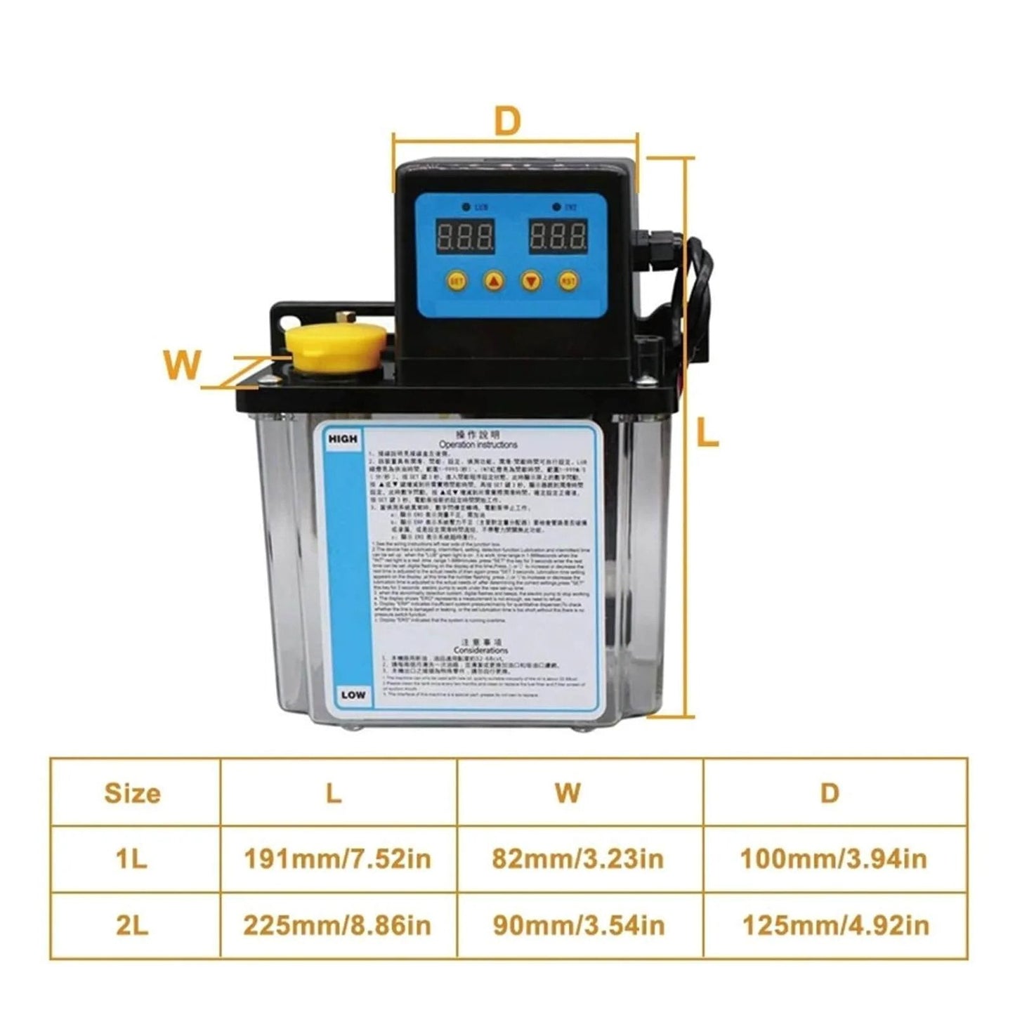 Electromagnetic Oil Pump, 1L 2L DC24V 4mm, CNC Lubrication Pump with digital display and size specifications
