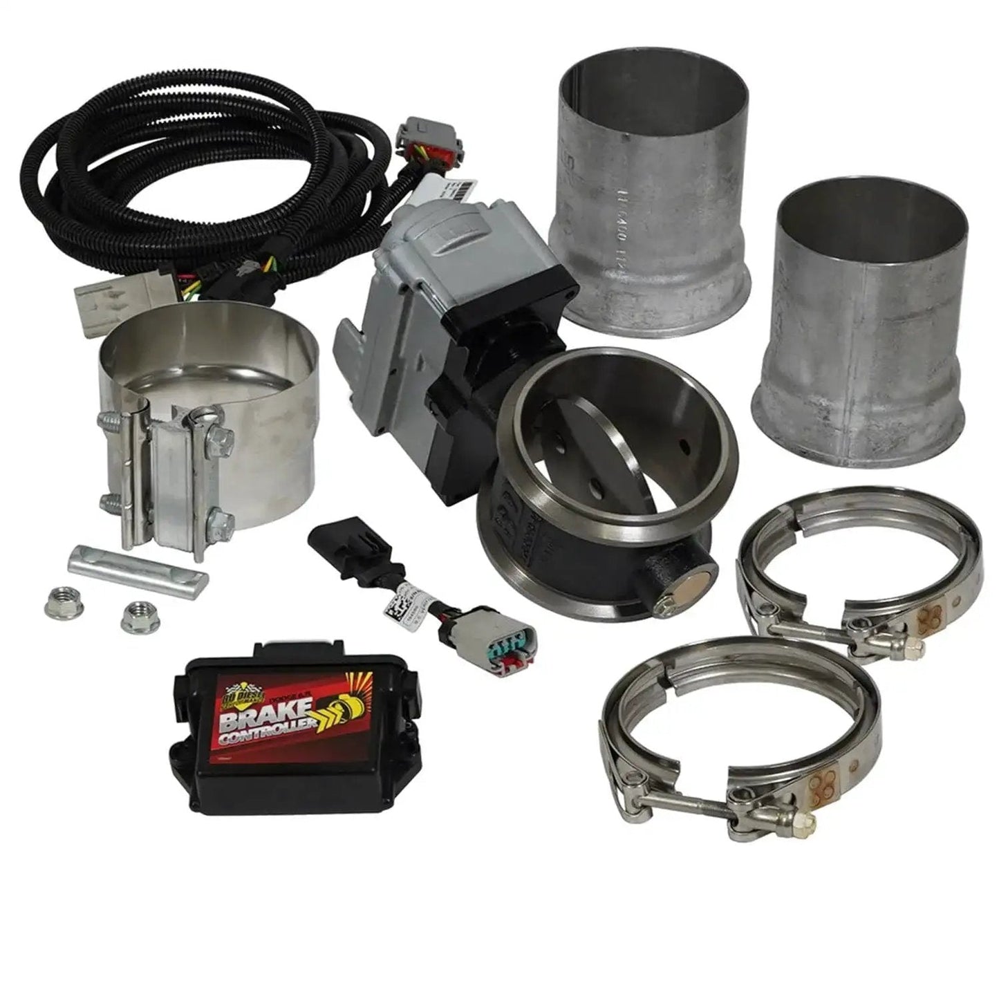 Electronic inline exhaust brake kit for Ram Cummins diesel pickups, includes clamps, wiring, and components for 2013-2024 Ram 2500/3500.