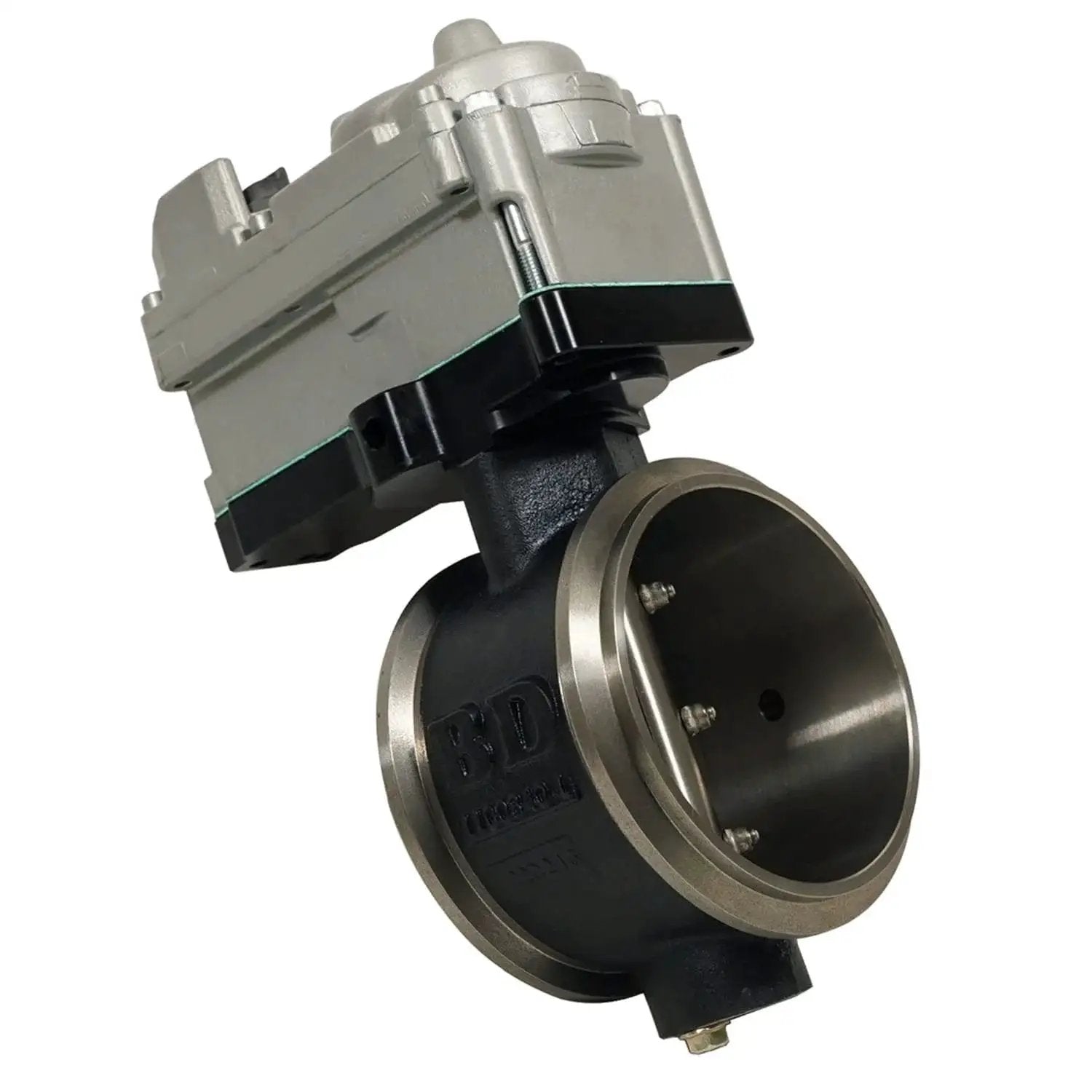 Electronic inline exhaust brake for Ram Cummins diesel pickups, installs inline on a 4 inch exhaust, close-up view.