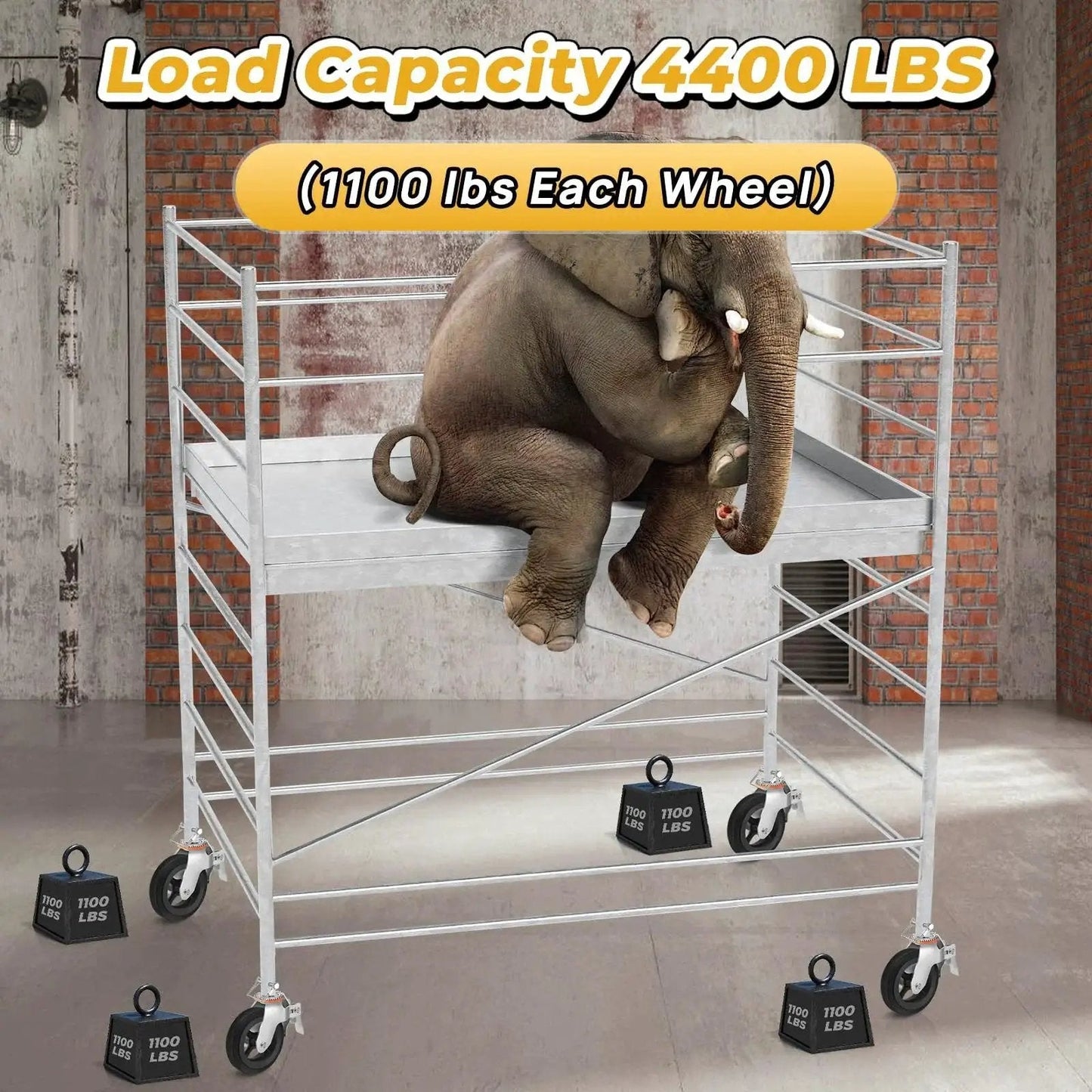Elephant sitting on scaffold with 8 Inch Wheel Scaffolding Caster With Round Stem One And Three Eighths Inch Dual Locking Brakes 1100 Pounds Capacity Per Wheel For Commercial Scaffolding Frames With Heavy Duty Construction For Demanding Job Sites And Accessories.