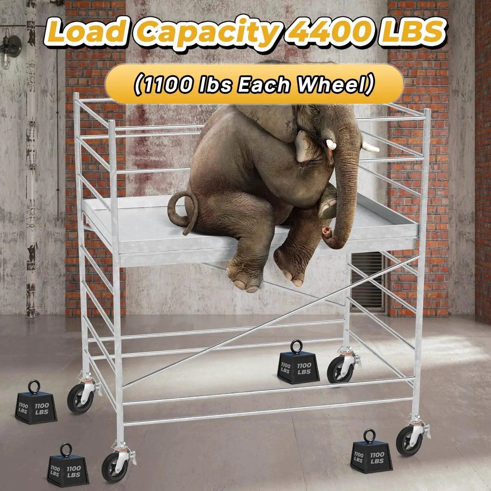 Elephant sitting on scaffold with 8 Inch Wheel Scaffolding Caster With Round Stem One And Three Eighths Inch Dual Locking Brakes 1100 Pounds Capacity Per Wheel For Commercial Scaffolding Frames With Heavy Duty Construction For Demanding Job Sites And Accessories.