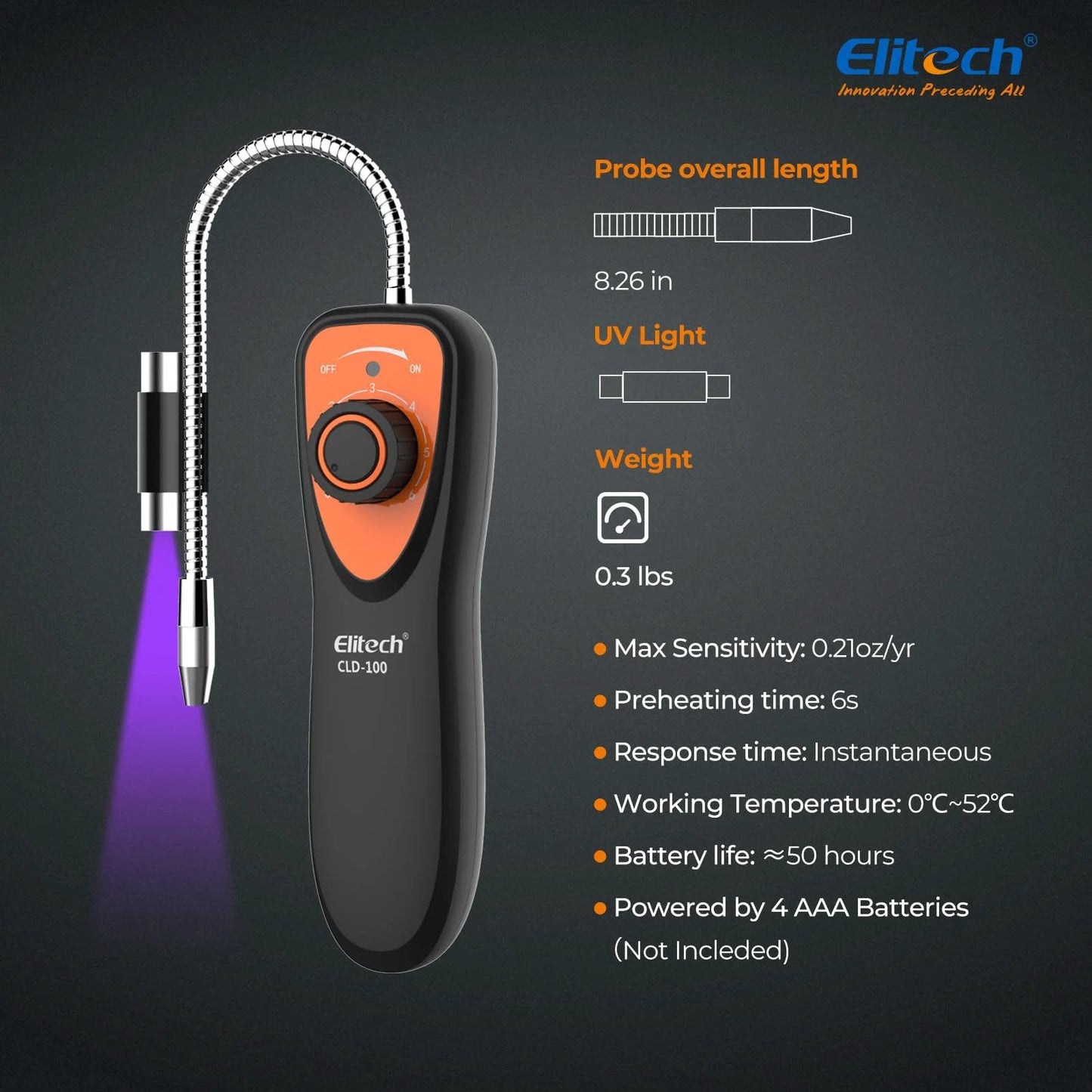 Pro Grade Freon Leak Detector For Car And HVAC Systems With Six Second Preheat And Fast Response Detects R11 R22 R134A R404A R410A And All Halogen Refrigerants CFC HCFC HFC Elitech CLD 100 with 8.26-inch flexible probe and UV light.
