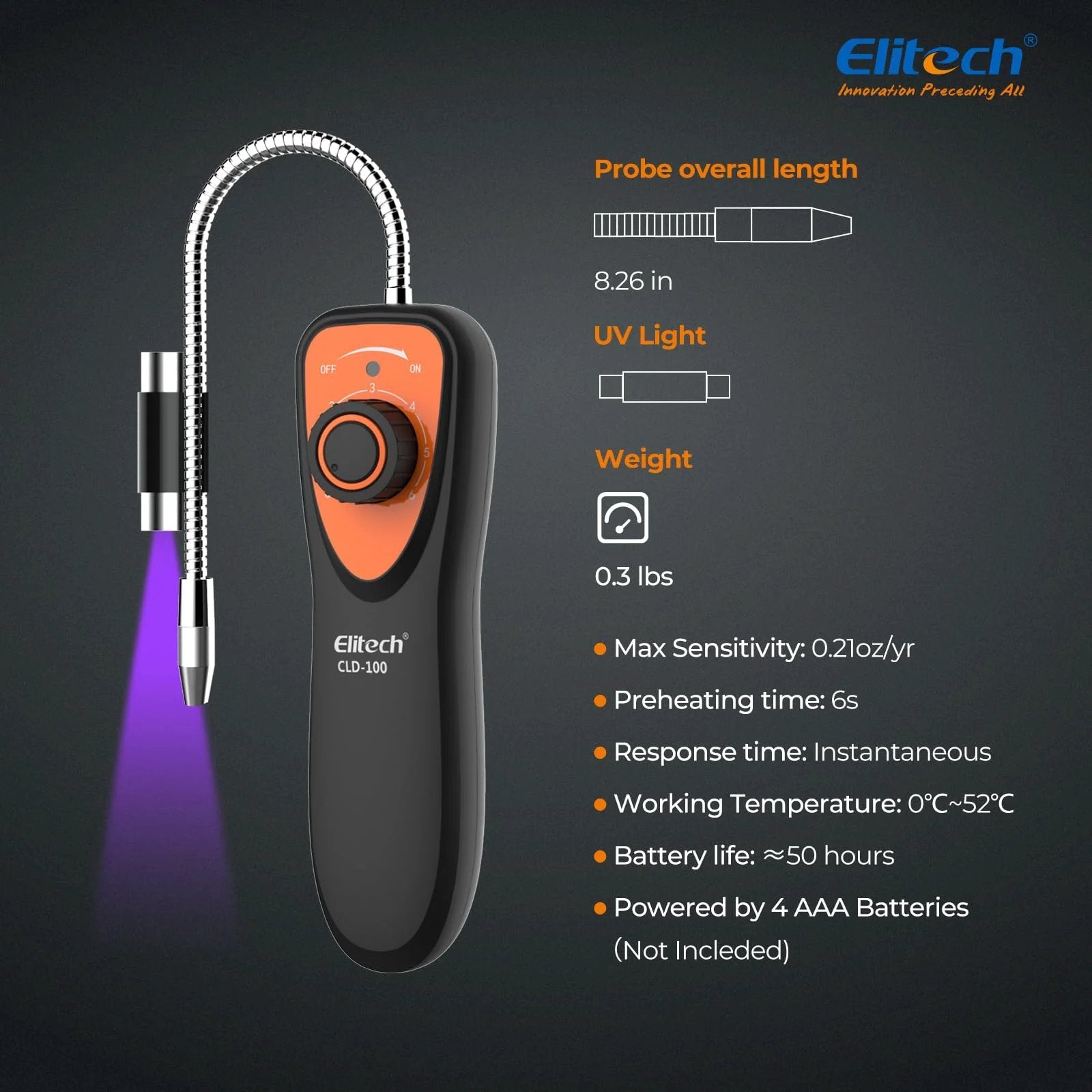 Pro Grade Freon Leak Detector For Car And HVAC Systems With Six Second Preheat And Fast Response Detects R11 R22 R134A R404A R410A And All Halogen Refrigerants CFC HCFC HFC Elitech CLD 100 with 8.26-inch flexible probe and UV light.