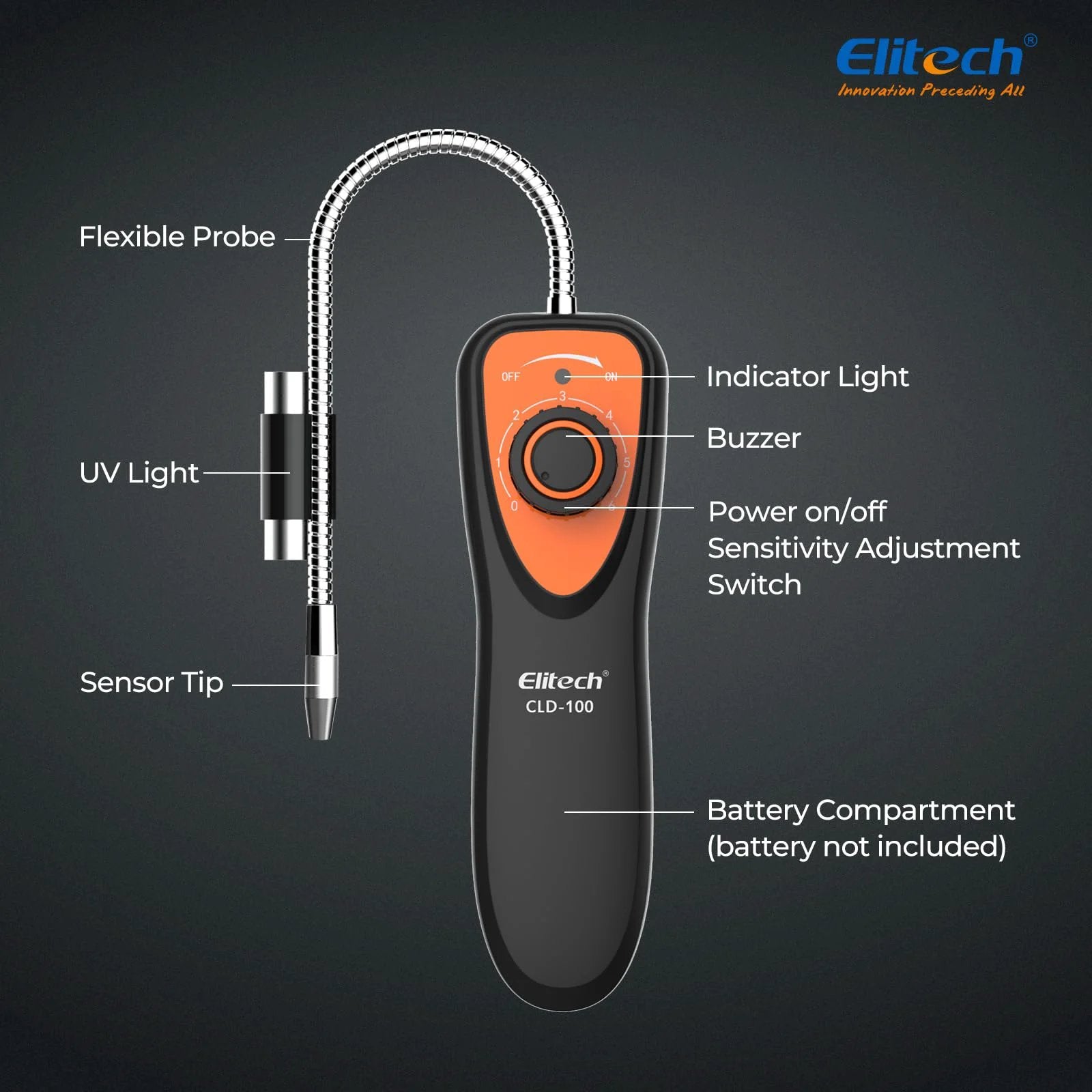 Pro Grade Freon Leak Detector For Car And HVAC Systems With Six Second Preheat And Fast Response Detects R11 R22 R134A R404A R410A And All Halogen Refrigerants CFC HCFC HFC Elitech CLD 100, showing flexible probe and control features.