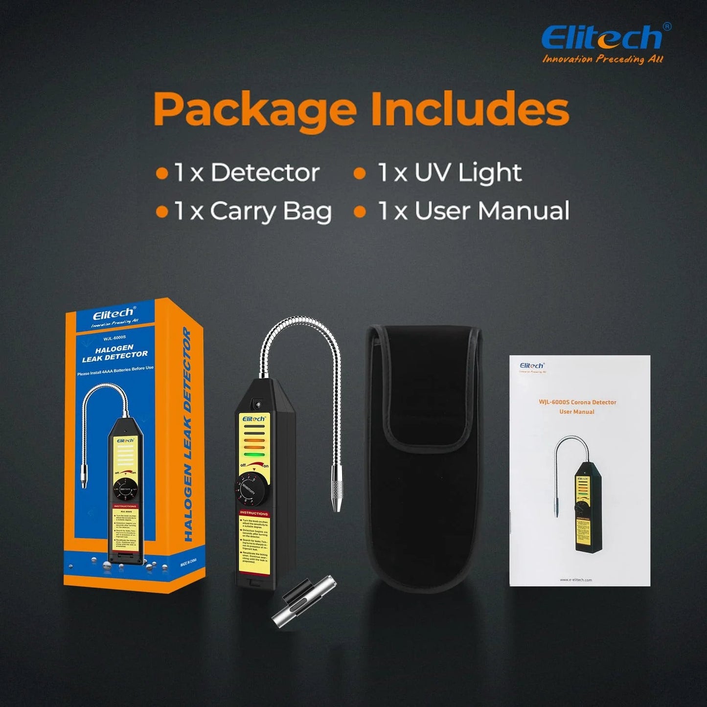 All Halogen Refrigerant Leak Detector For R22 R134A R410A 1234YF With Seven Pro Grade Adjustable Sensitivity Levels HVAC Tester Sniffer Freon Gas Leaks For Fast Accurate Diagnostics In HVAC Systems WJL 6000S Elitech with included accessories in box.