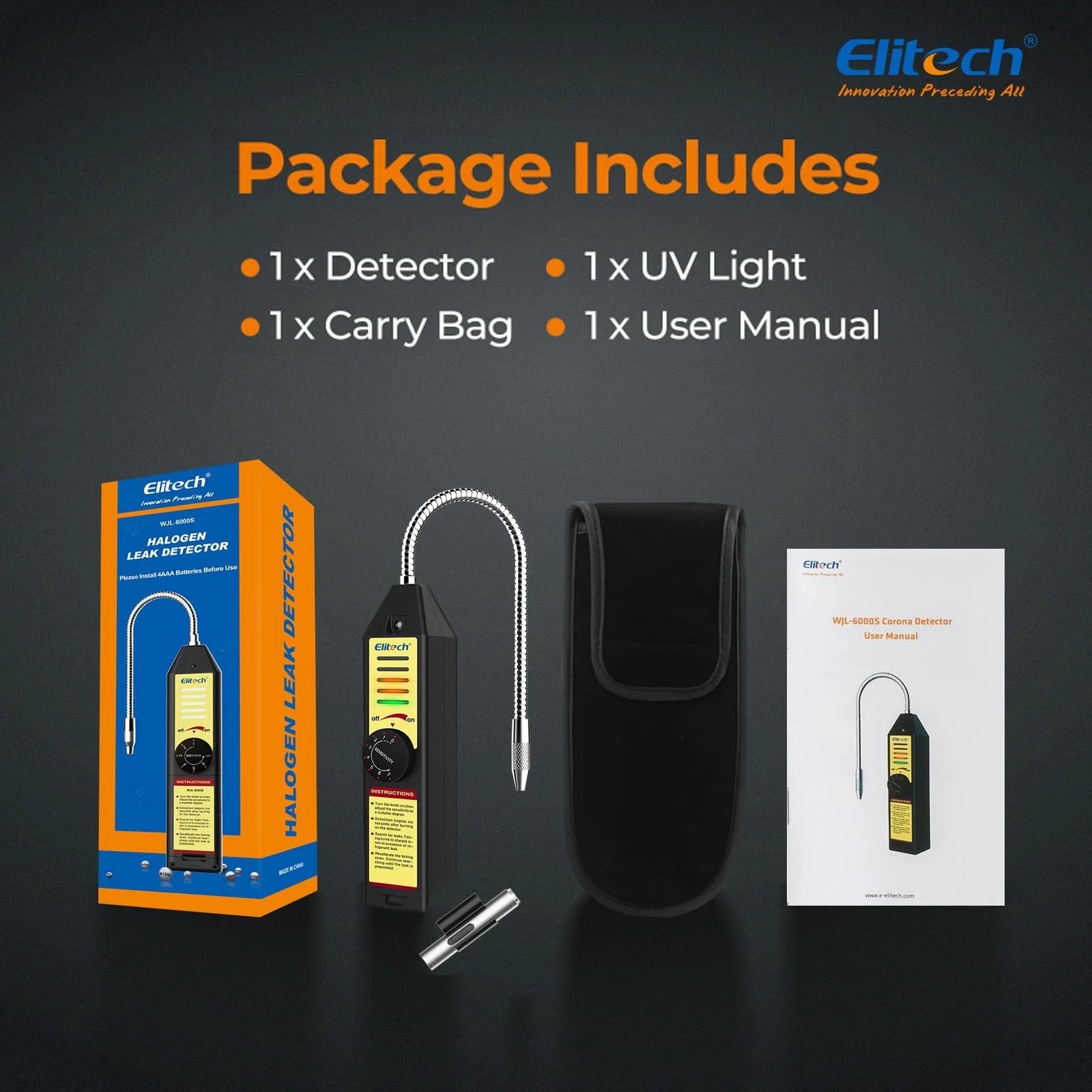 All Halogen Refrigerant Leak Detector For R22 R134A R410A 1234YF With Seven Pro Grade Adjustable Sensitivity Levels HVAC Tester Sniffer Freon Gas Leaks For Fast Accurate Diagnostics In HVAC Systems WJL 6000S Elitech with included accessories in box.