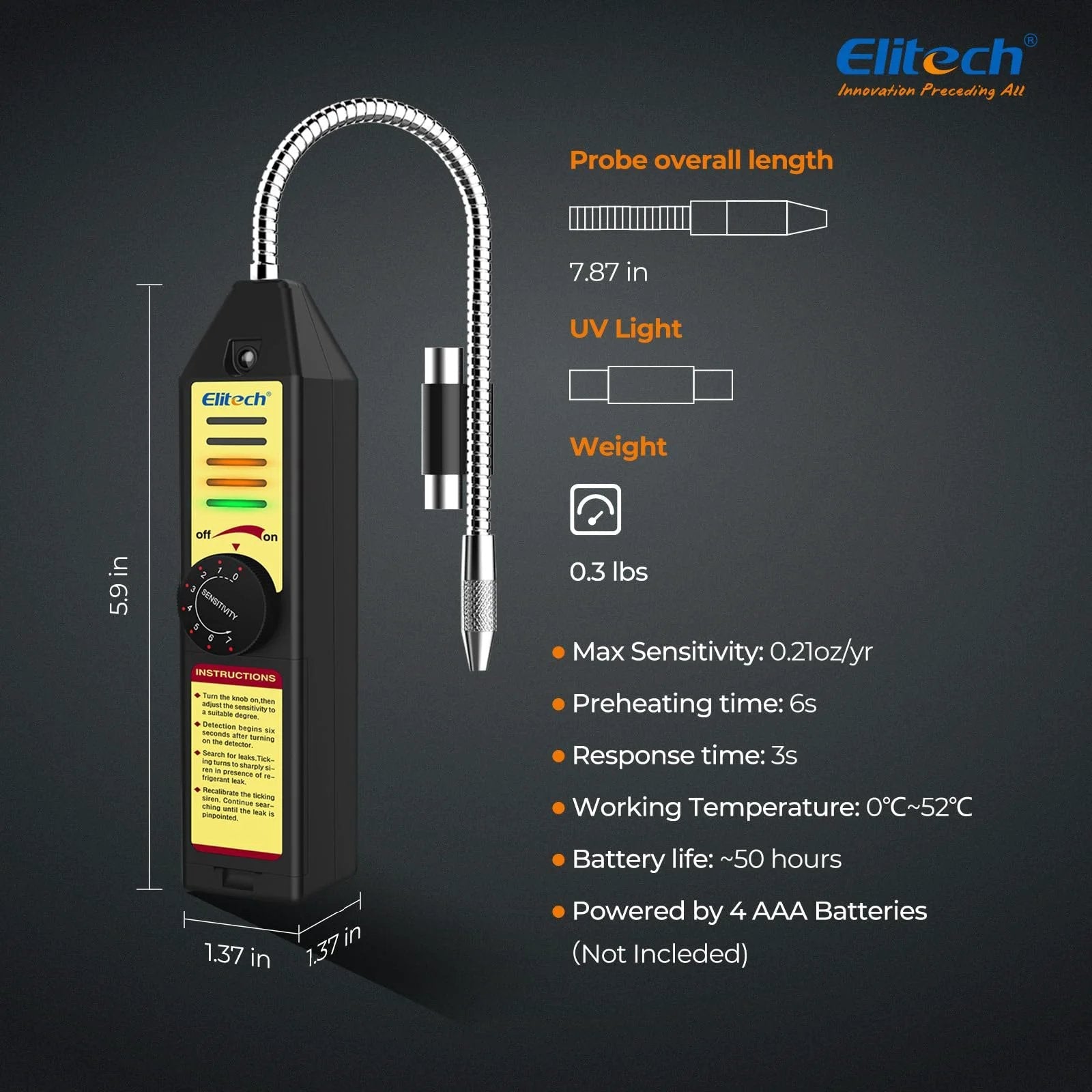 All Halogen Refrigerant Leak Detector For R22 R134A R410A 1234YF With Seven Pro Grade Adjustable Sensitivity Levels HVAC Tester Sniffer Freon Gas Leaks For Fast Accurate Diagnostics In HVAC Systems WJL 6000S Elitech side view showing UV light and probe length.