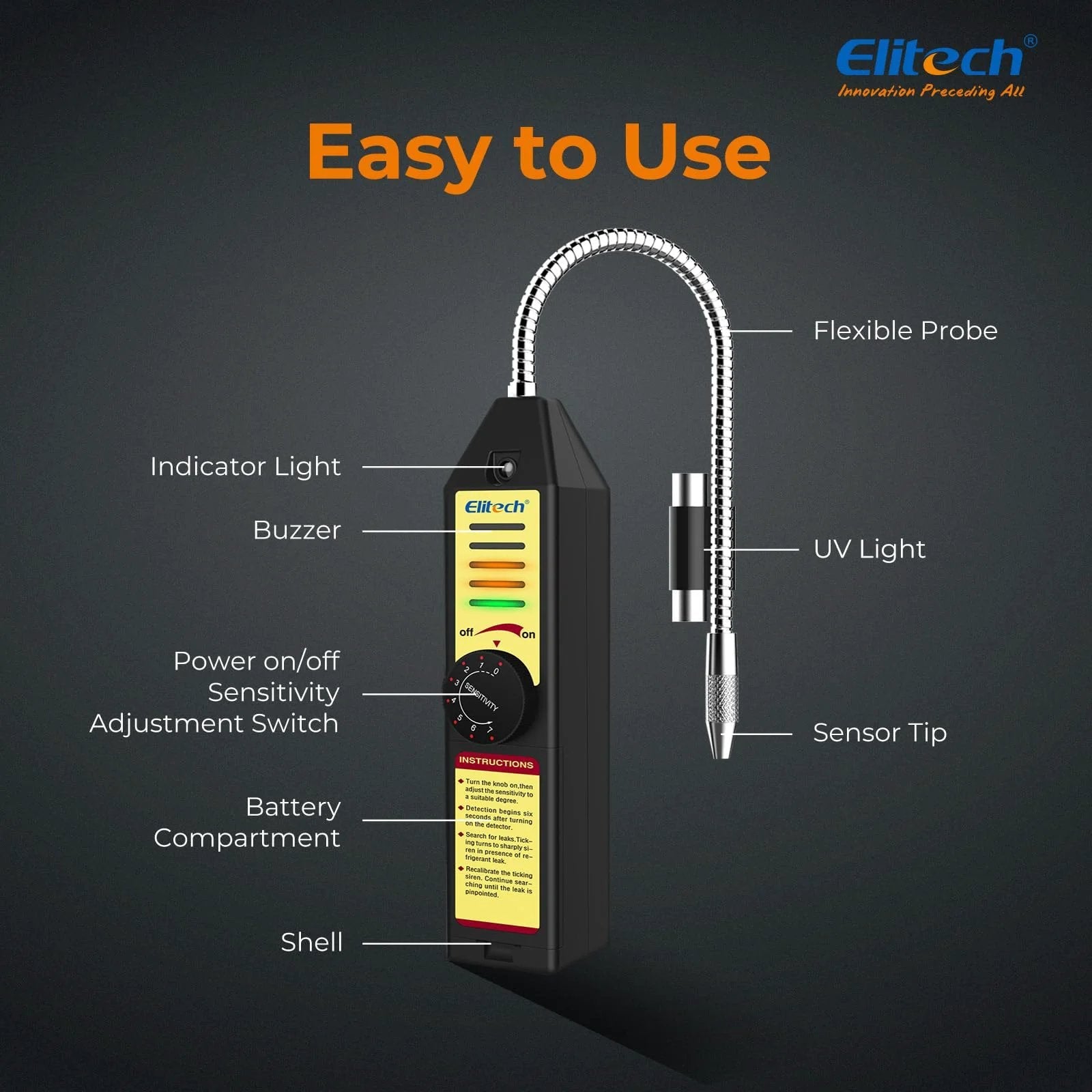 All Halogen Refrigerant Leak Detector For R22 R134A R410A 1234YF With Seven Pro Grade Adjustable Sensitivity Levels HVAC Tester Sniffer Freon Gas Leaks For Fast Accurate Diagnostics In HVAC Systems WJL 6000S Elitech features indicator light, flexible probe, and UV light.