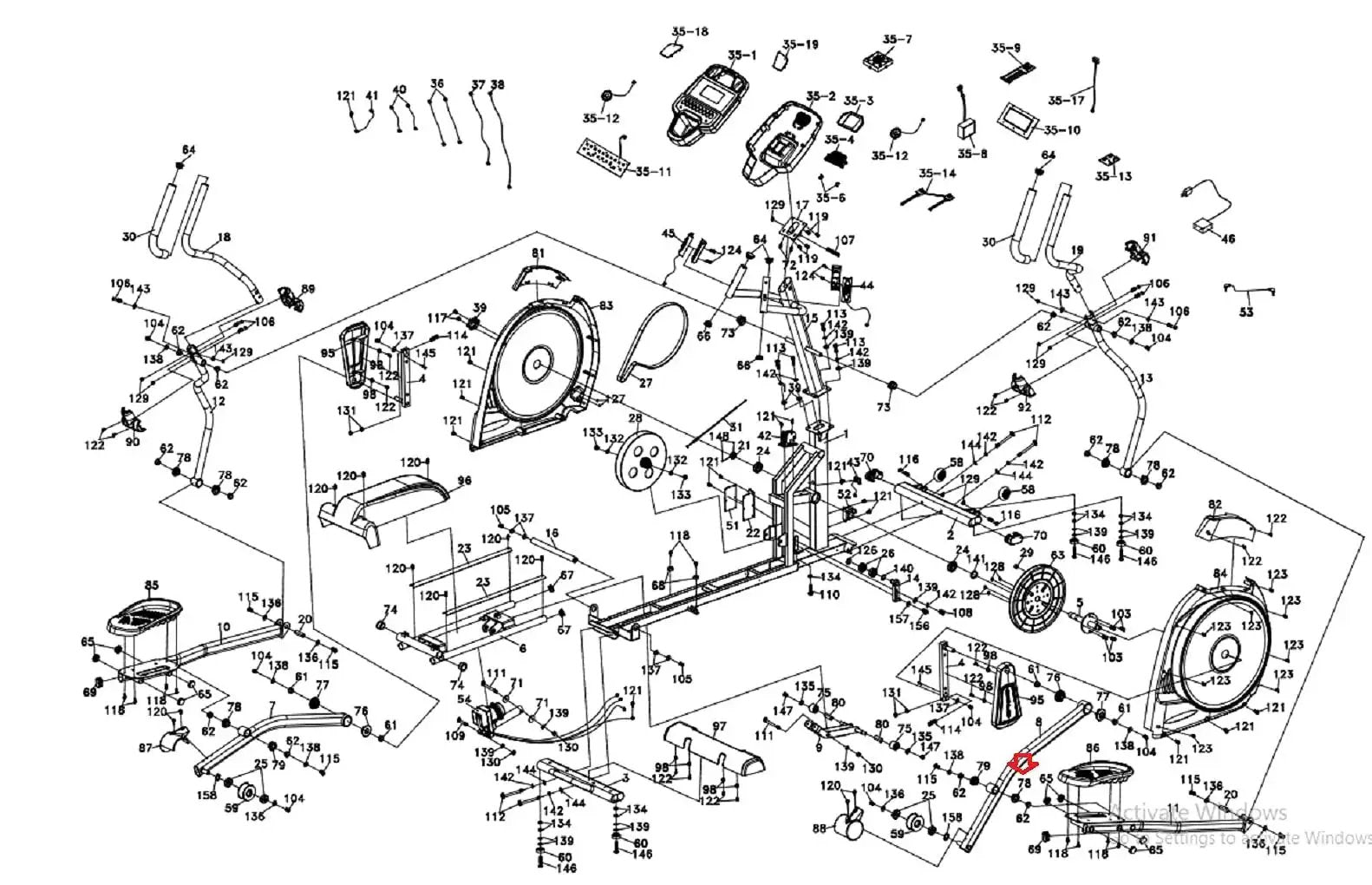 Exploded diagram of elliptical machine components highlighting Pedal Arm Bushing Spacer Replacement with MPN P270044.