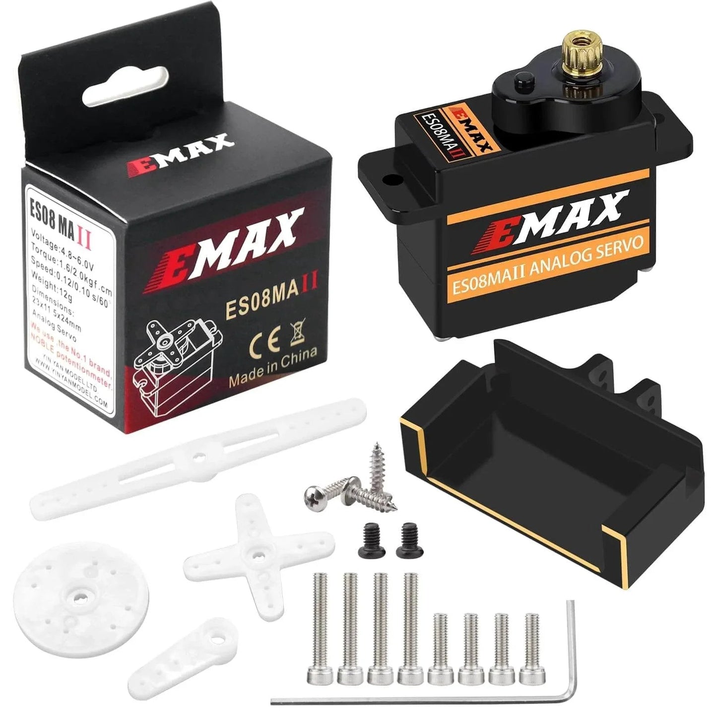 12g Servo EMAX Servo RC Steering Servo with Servo Arm Steering Link and Brass Servo Mount for Axial SCX24 AX24 RC Car Upgrade Parts in black with components displayed.