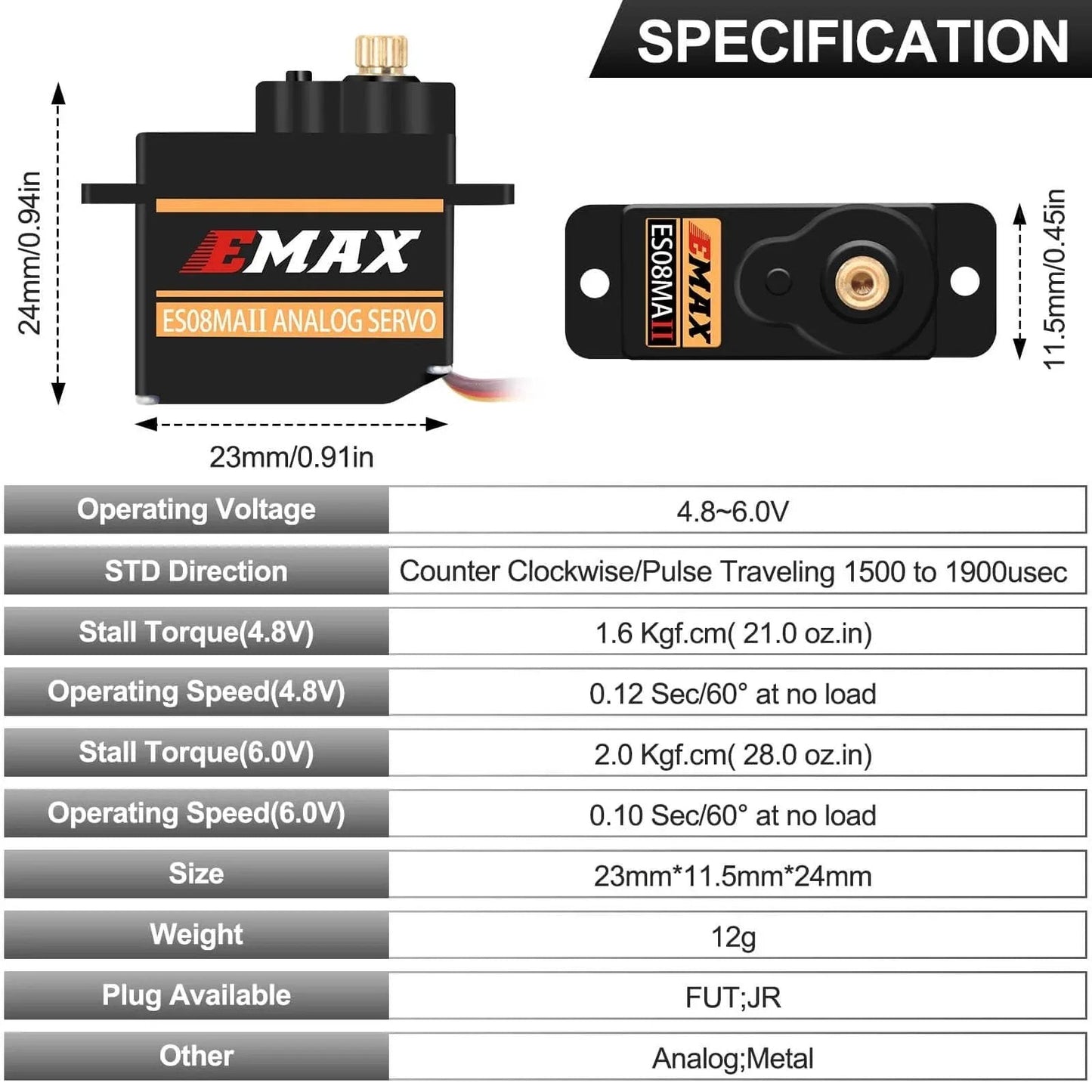Specifications of 12g Servo EMAX Servo RC Steering Servo with dimensions, operating voltage, and torque details