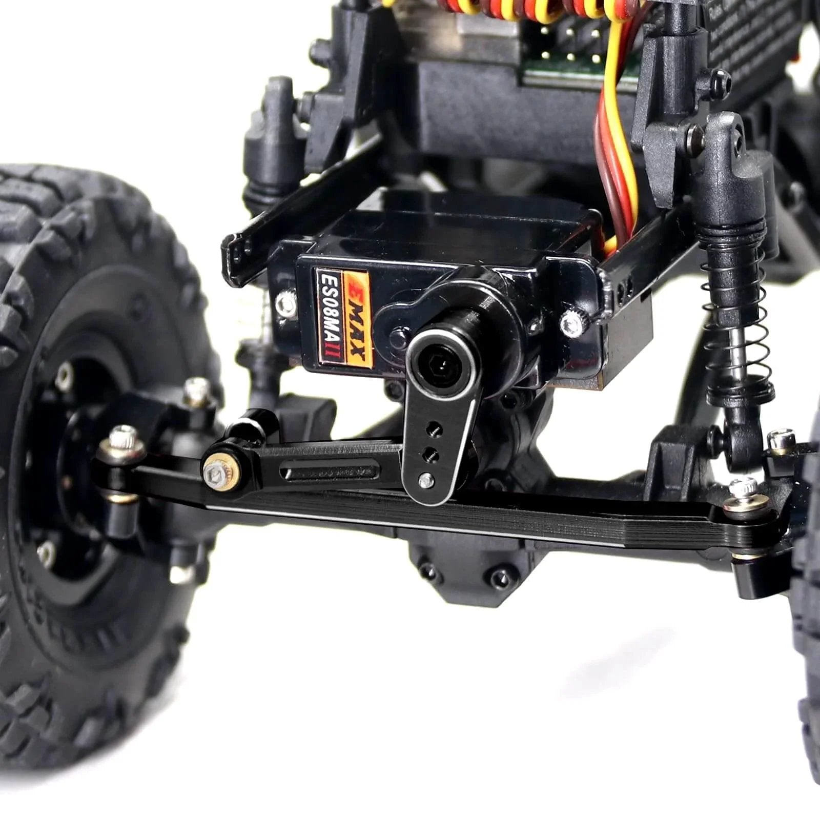 12g Servo EMAX Servo RC Steering Servo with Servo Arm Steering Link and Brass Servo Mount for Axial SCX24 AX24 RC Car Upgrade Parts (Black) installed on RC car chassis.