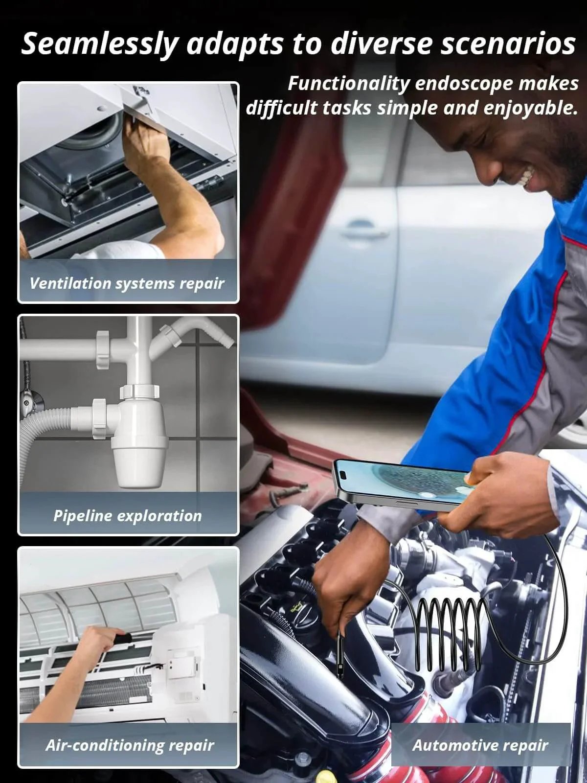 Endoscope Camera with Light used in ventilation, pipeline, air-conditioning, and automotive repair scenarios.