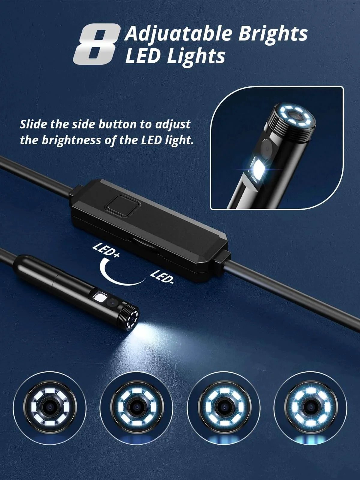 Endoscope Camera with Light, Dual-Lens 1920P HD Borescope with 8 Adjustable LED Lights highlighting LED brightness control