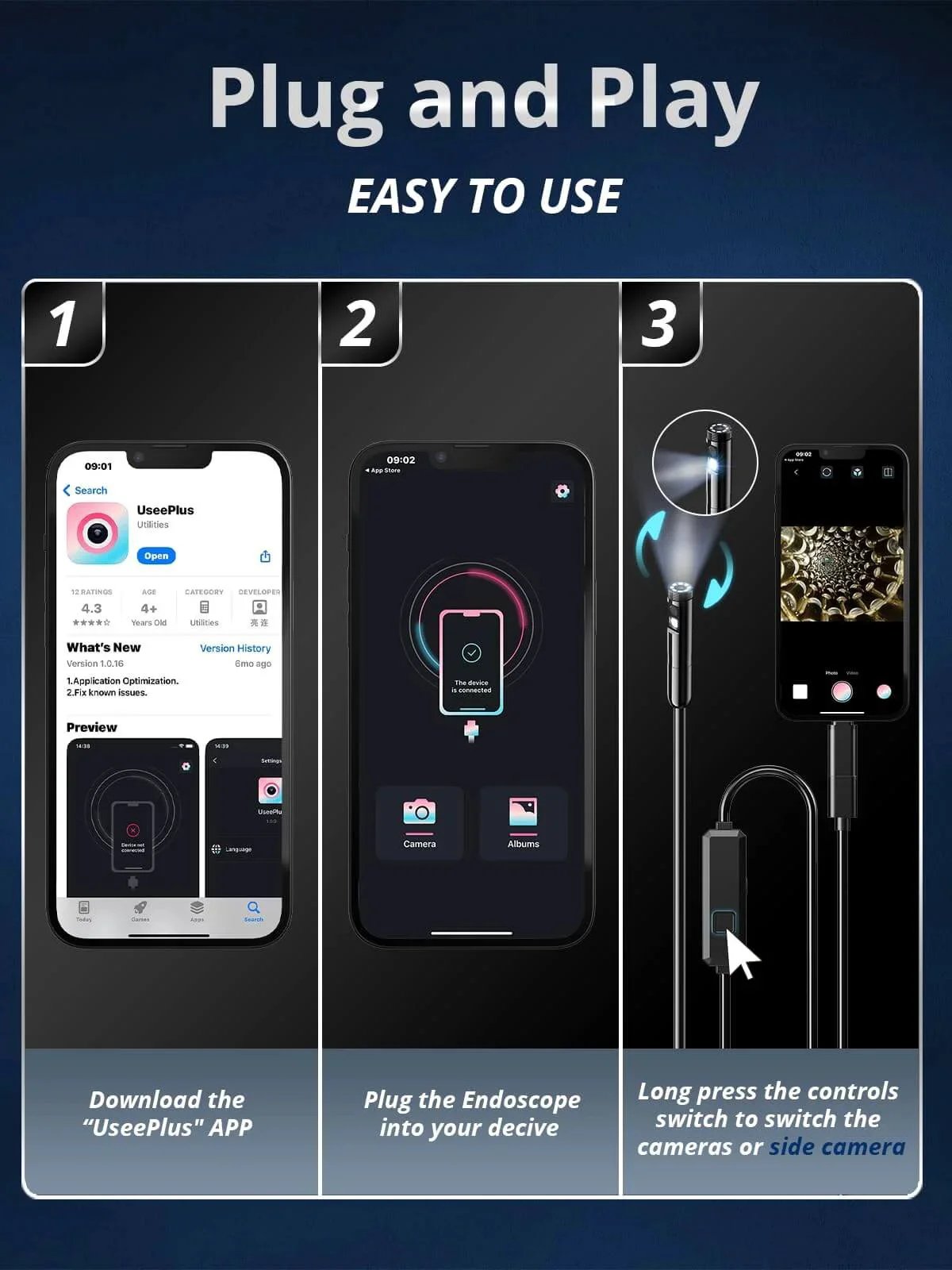 Setup guide for Endoscope Camera with Light, Dual-Lens 1920P HD Borescope with 8 Adjustable LED Lights, IP67 Waterproof Boroscope