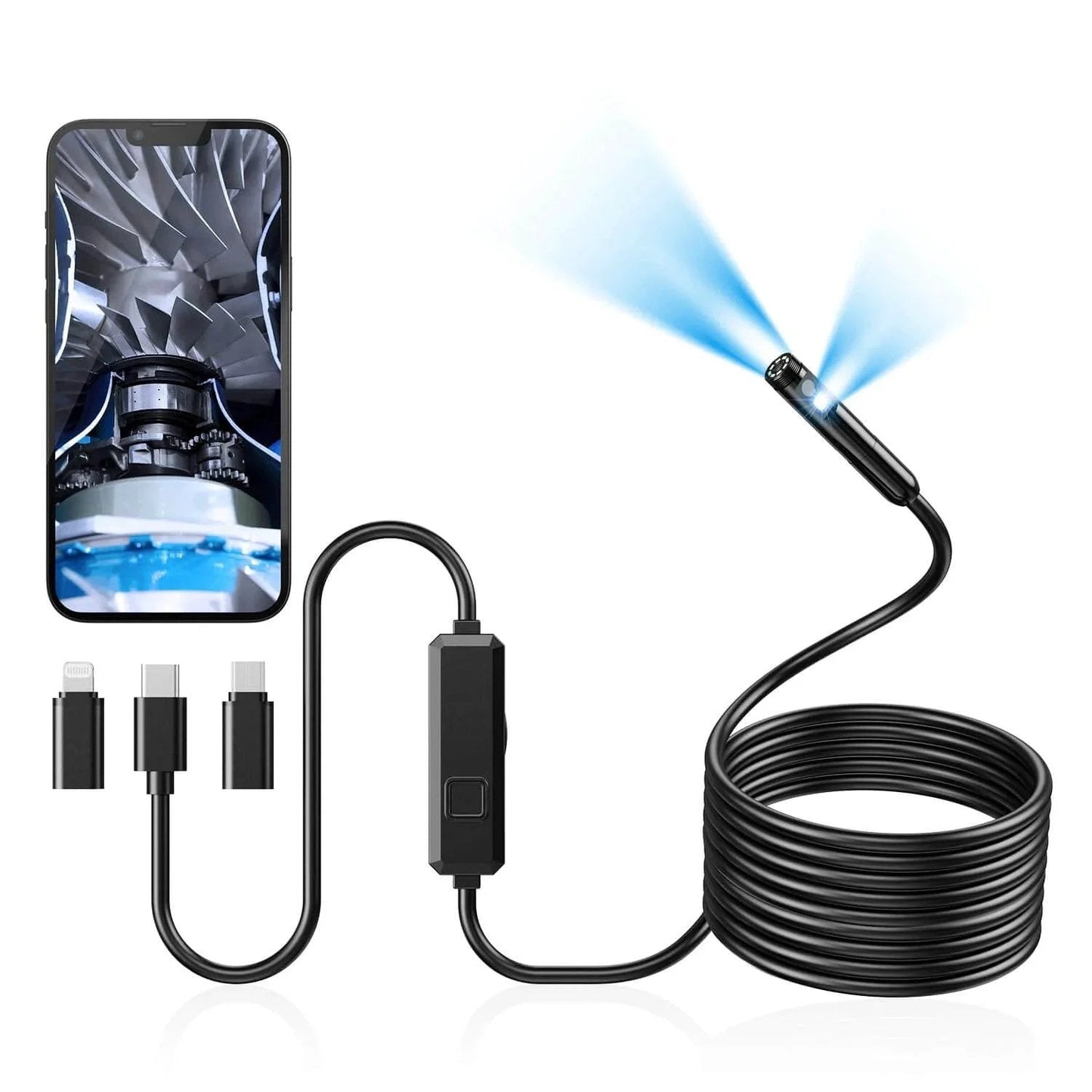 Endoscope Camera with Light, Dual-Lens 1920P HD Borescope, semi-rigid cable, smartphone display, and connectors for iOS and Android.