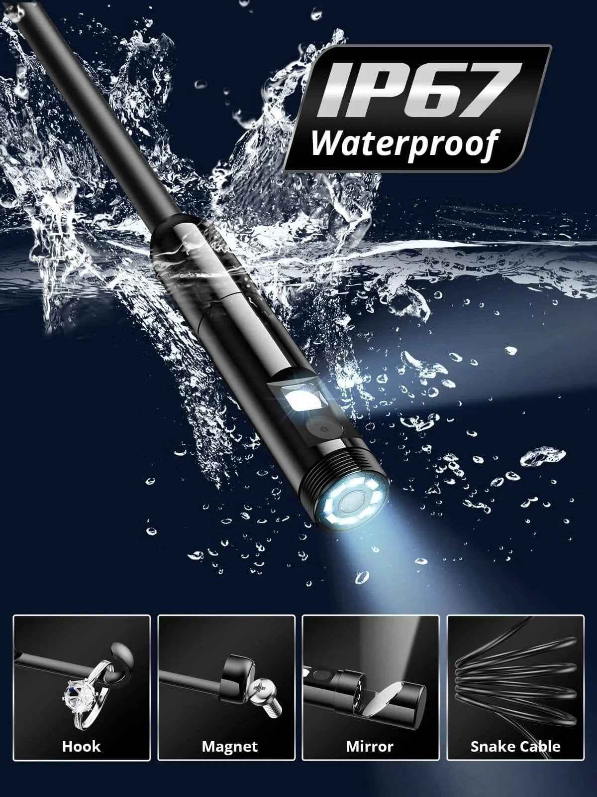 Endoscope Camera with Light, Dual-Lens 1920P HD Borescope with 8 LED Lights, IP67 Waterproof, showing water-resistant feature.