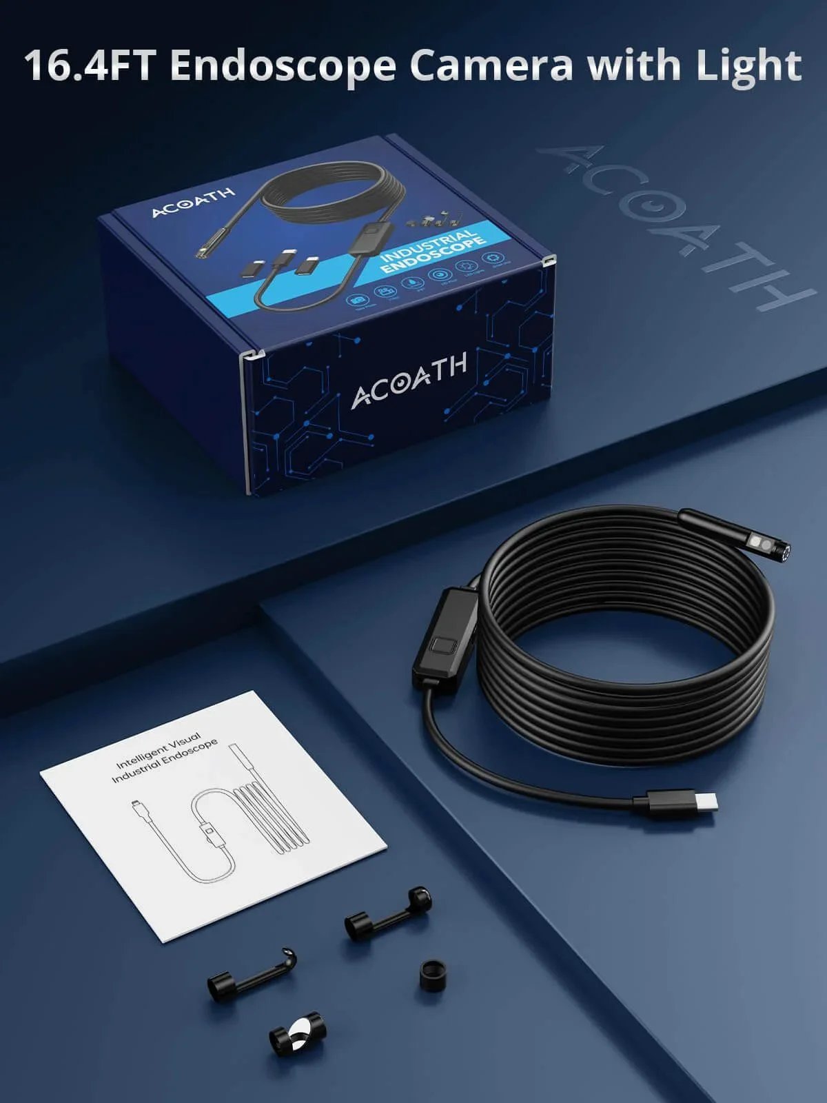 Endoscope Camera with Light, Dual-Lens 1920P HD Borescope, IP67, 16.4ft semi-rigid cable, packaging and accessories.