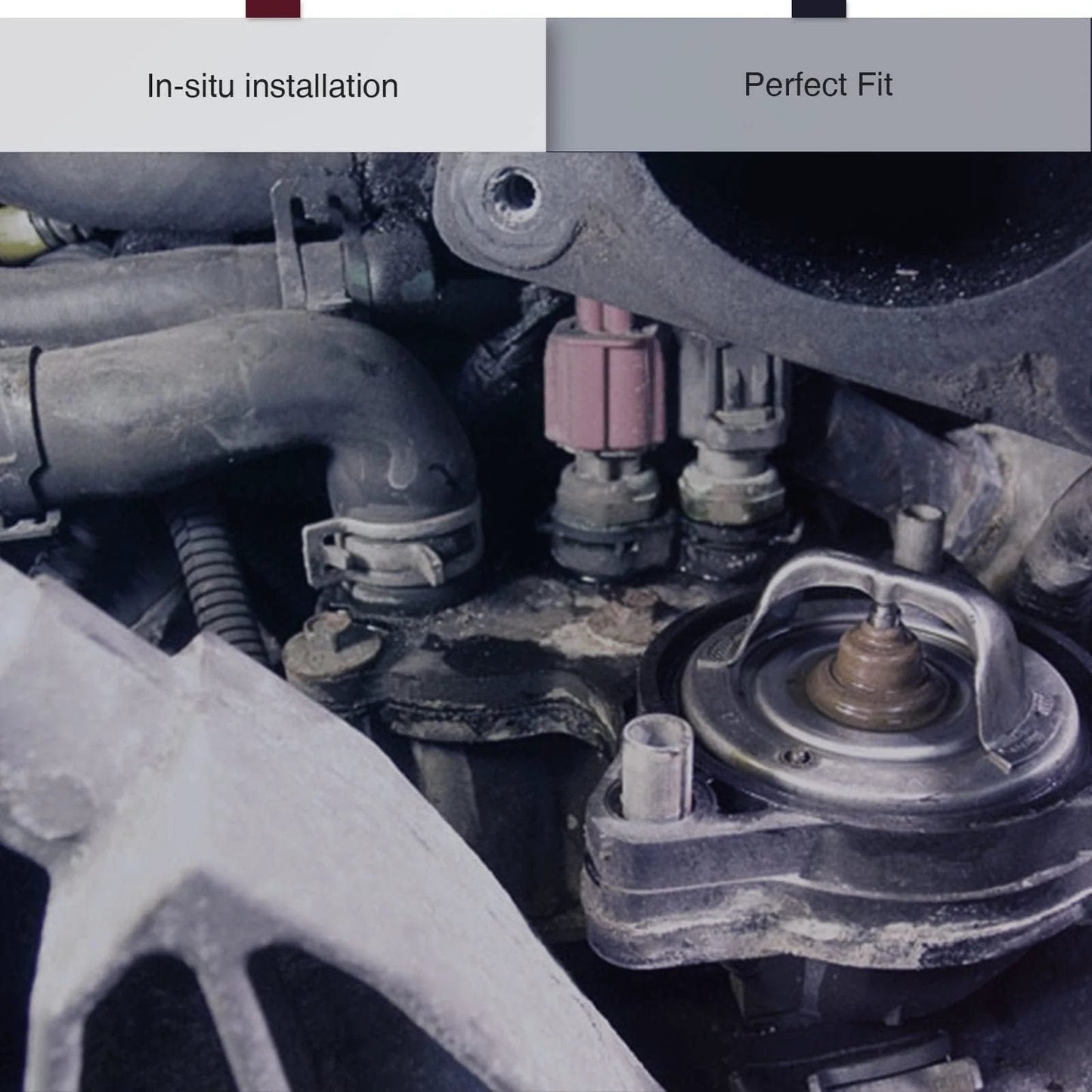 Installed Premium Engine Coolant Temperature Sensor F5AF-12A648-AA showing in-situ position for Ford Lincoln Mercury cars and SUVs.