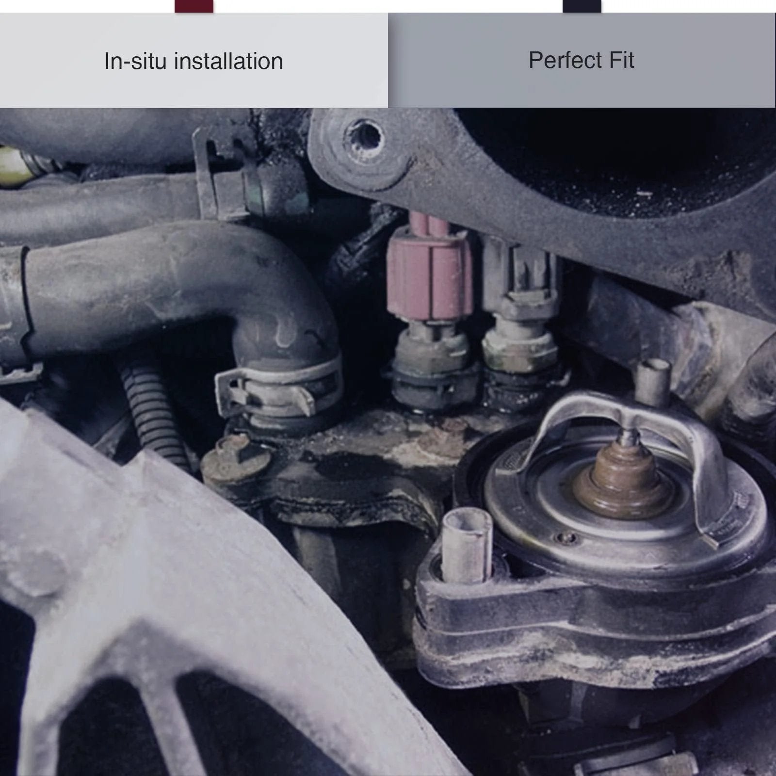 Installed Premium Engine Coolant Temperature Sensor F5AF-12A648-AA showing in-situ position for Ford Lincoln Mercury cars and SUVs.
