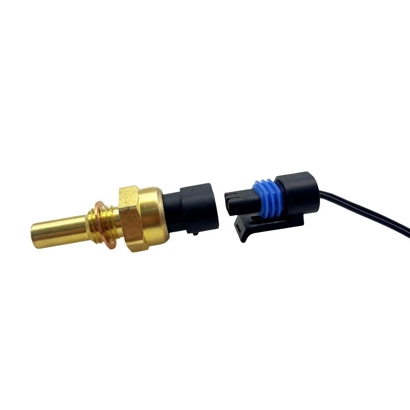 Engine Coolant Temperature Sensor With Pigtail Connector 19236568 Replacement For Lacrosse Impala Express, side view showing brass sensor and connector.