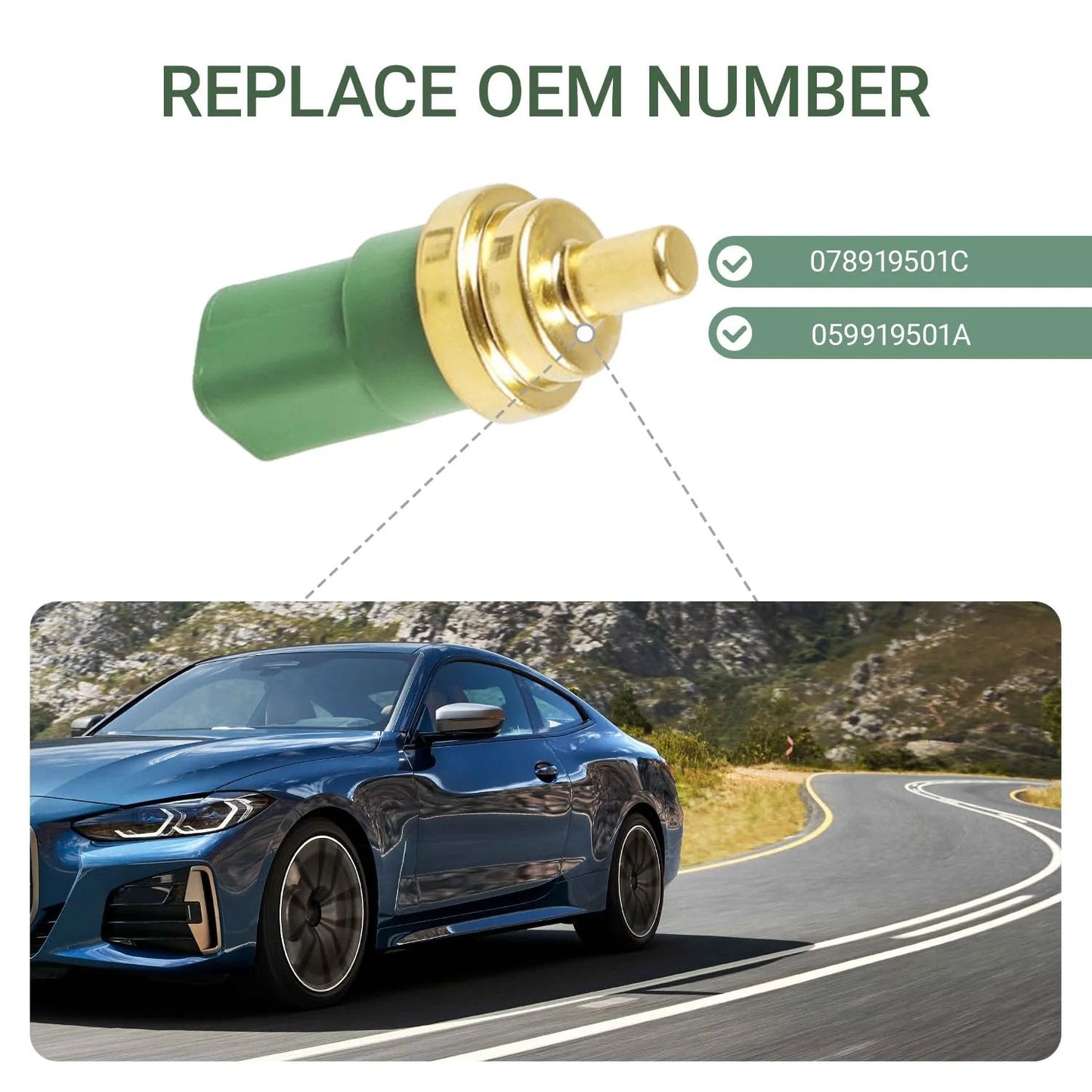 Engine Coolant Temperature Sensor For VW Vehicles Including Passat Golf Beetle Jetta Eurovan Cabrio Polo A4 S4 A6 S6 TT A8 S8 RS4 RS6 Allroad From 1998 To 2010 With Part Number 059919501A Replacement Fit For 1.8T 1.9TDI 2.0 2.3V5 2.8VR6 Engines close-up view on white background.
