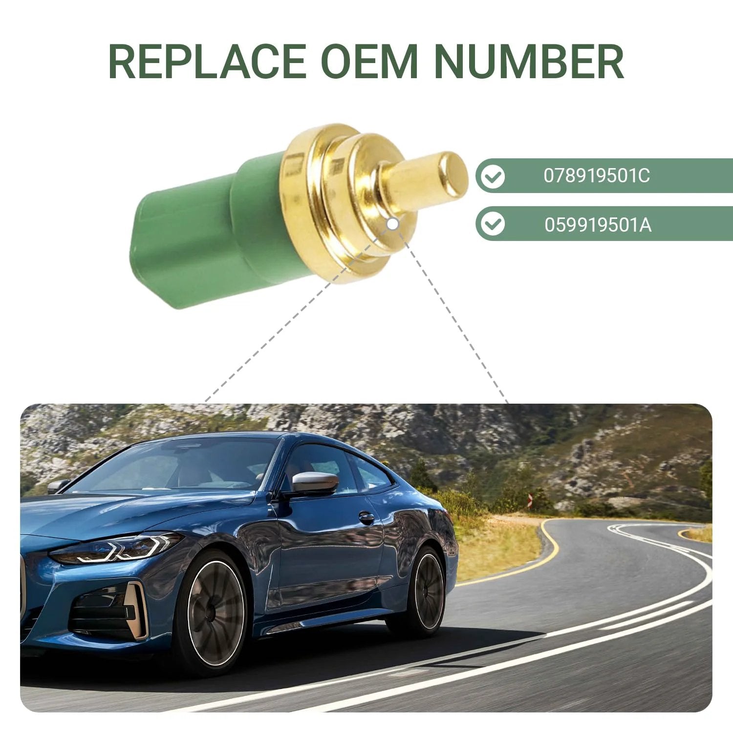 Engine Coolant Temperature Sensor For VW Vehicles Including Passat Golf Beetle Jetta Eurovan Cabrio Polo A4 S4 A6 S6 TT A8 S8 RS4 RS6 Allroad From 1998 To 2010 With Part Number 059919501A Replacement Fit For 1.8T 1.9TDI 2.0 2.3V5 2.8VR6 Engines close-up view on white background.