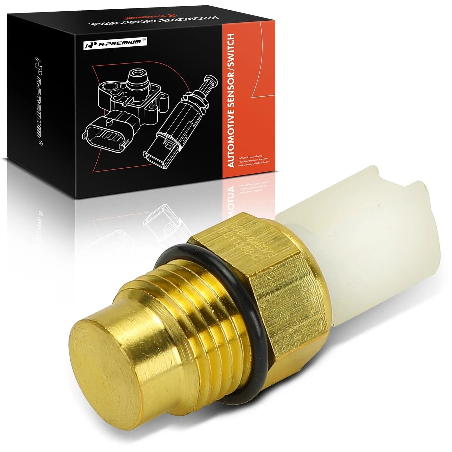 Engine Coolant Temperature Sensor 1 Pin For Toyota Camry Avalon Sienna Solara Highlander ES300 RX300 On Engine Water Inlet Or Thermostat Housing Replacement Fits 1995 2006 Models And More. Close-up view of the gold sensor with a white connector.