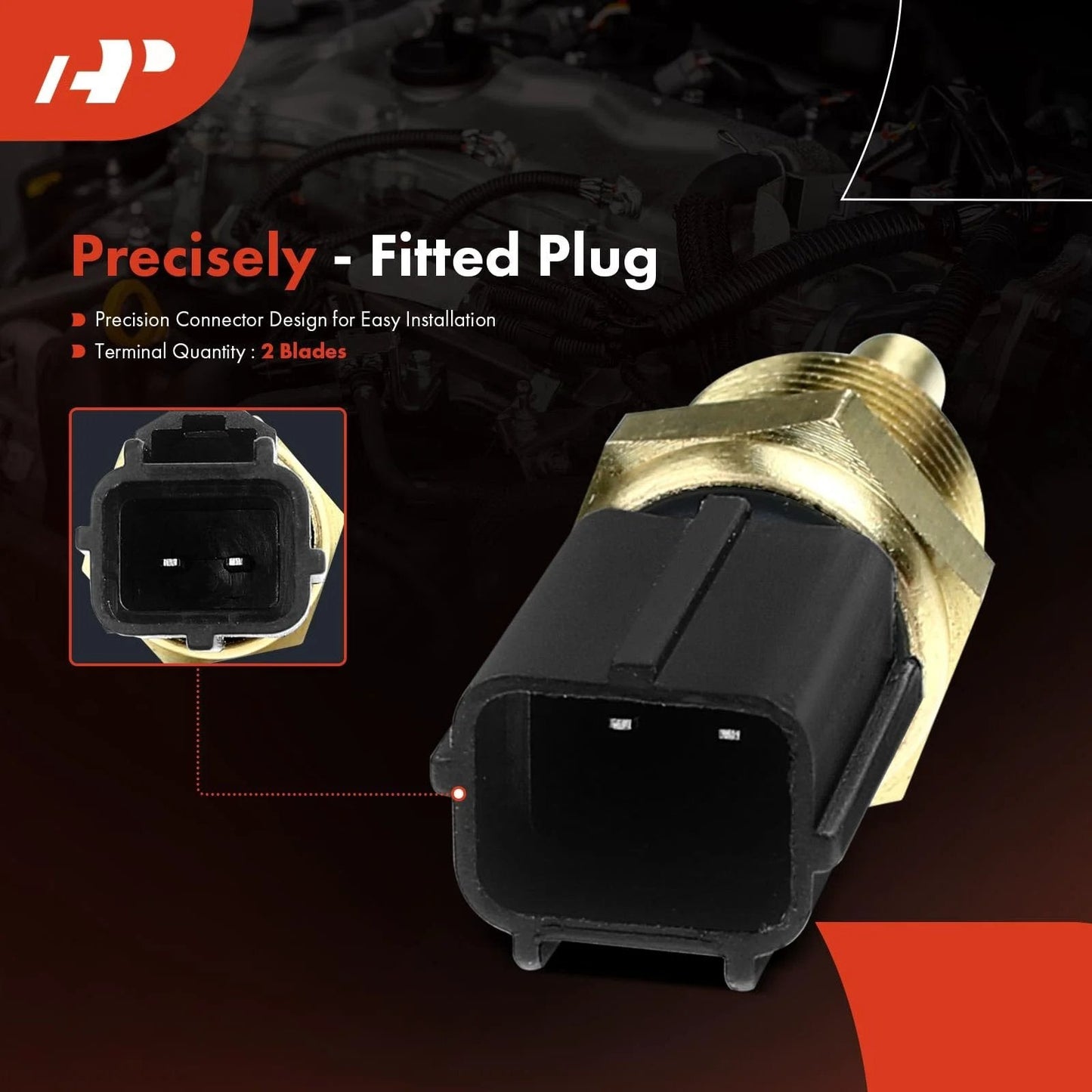 Engine Coolant Temperature Sensor Compatible With Chrysler Sebring Dodge Stratus Hyundai Sonata Mitsubishi Eclipse Galant Lancer Montero Outlander Premium Replacement Sensor Plug And Play Easy Install For Accurate Readings And Solid Engine Performance close-up view of connector with gold and black design