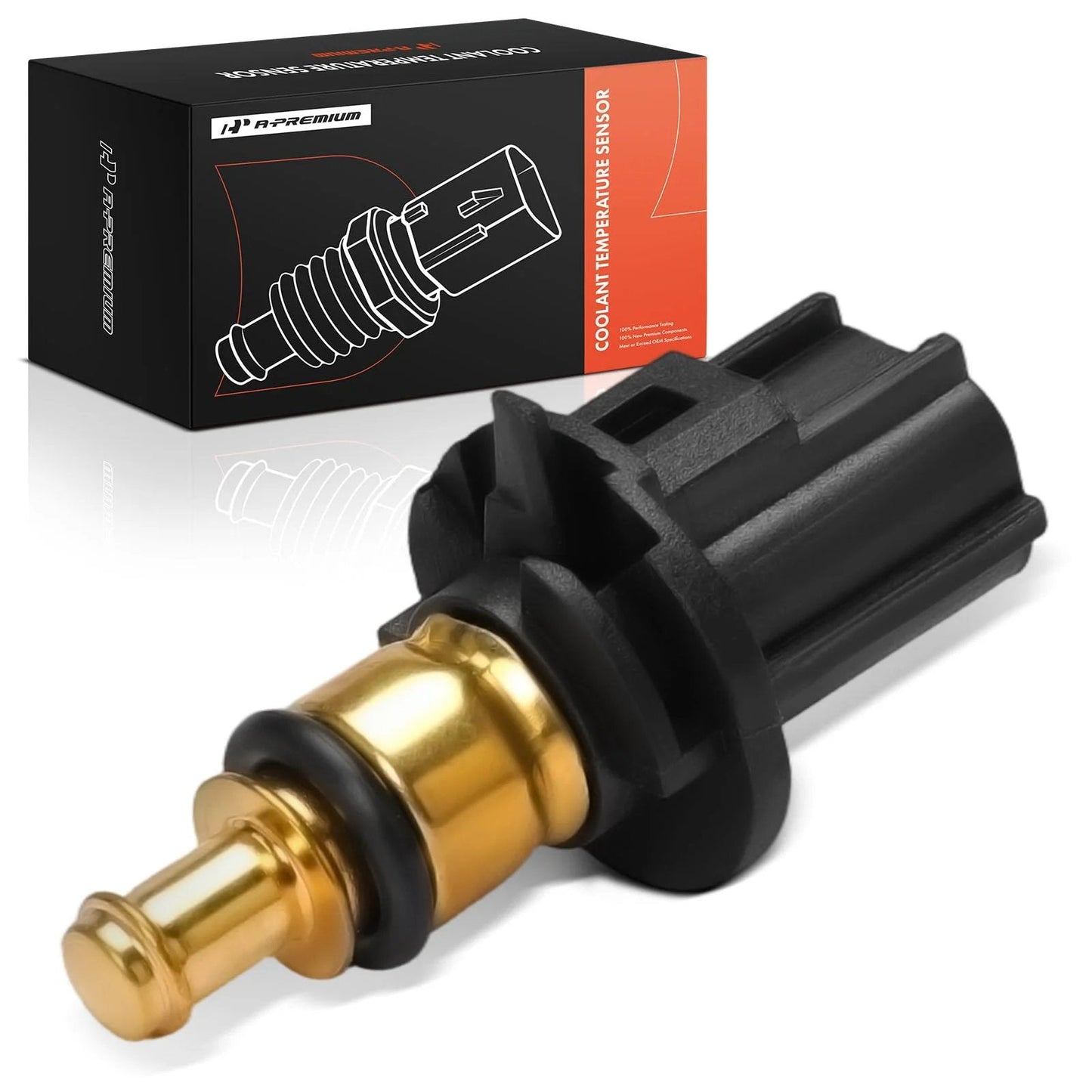 Engine Coolant Temperature Sensor 2 Pins for Jeep Grand Cherokee Wrangler, showing black plastic body with gold tip and packaging.