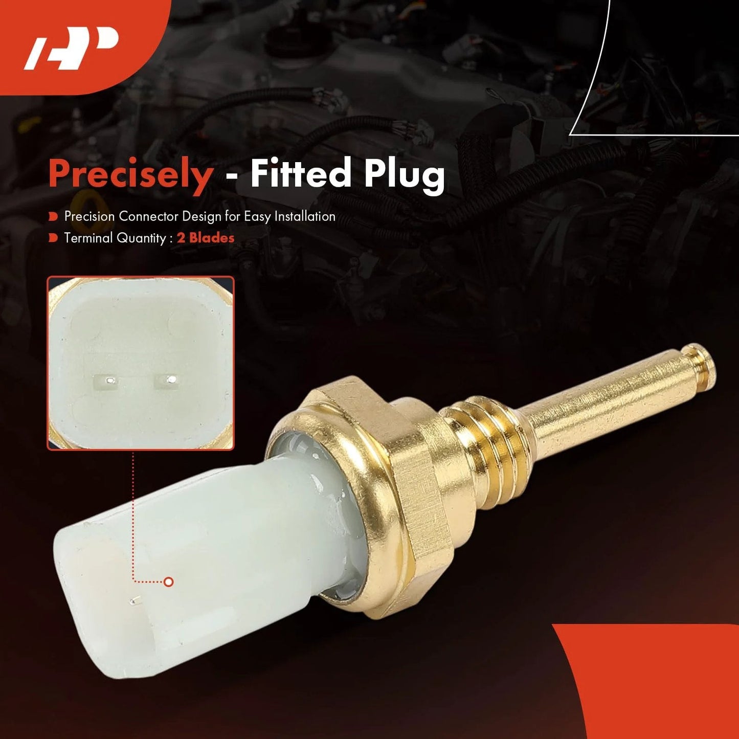 Premium 2-Pin Engine Coolant Temperature Sensor for Ford and Lincoln vehicles, featuring a square connector and blade terminals.