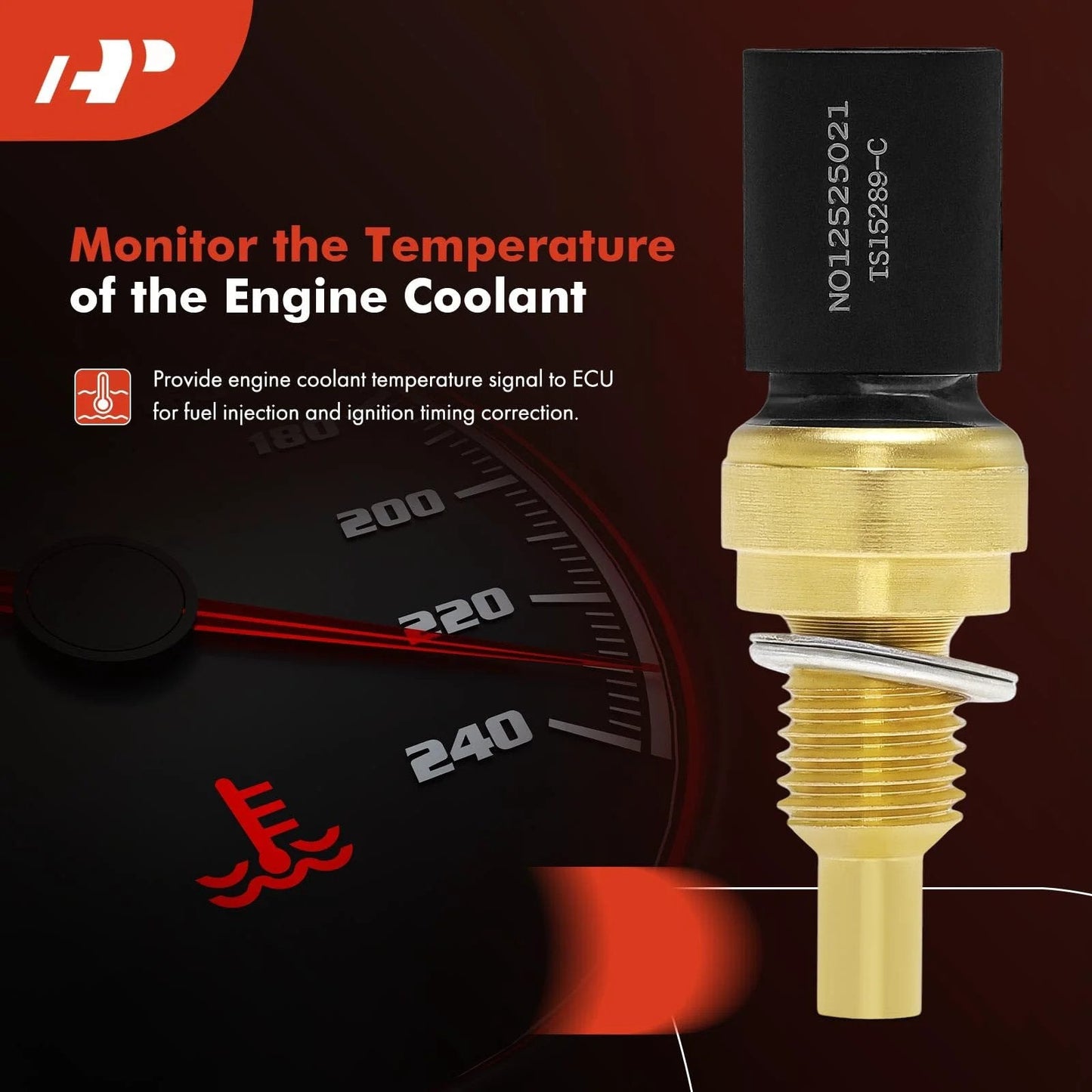 Engine Coolant Temperature Sensor 2 Pin For Chrysler Dodge Jeep Ram Vehicles shows brass body with a black connector and gauge in background.