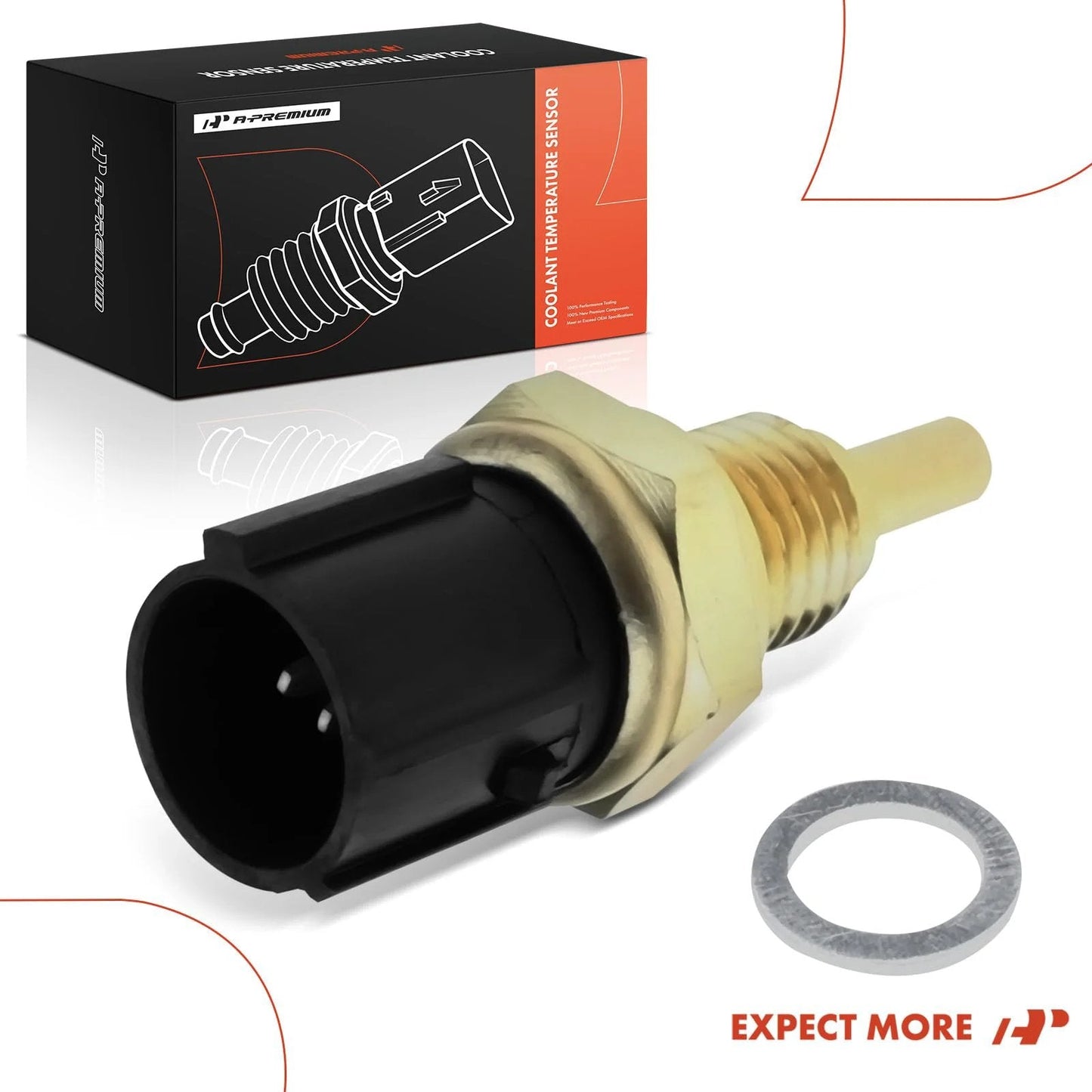 Engine Coolant Temperature Sensor compatible with Acura and Honda cars 1988 to 2003, front view, black/gold finish, round plug.