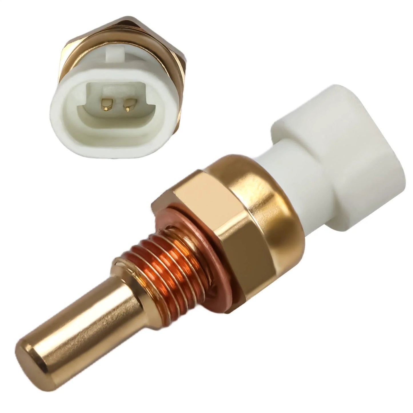 Engine Coolant Temperature Sensor ECT Water Temperature Sensor for GM Vehicles showing brass sensor and connector, side view.
