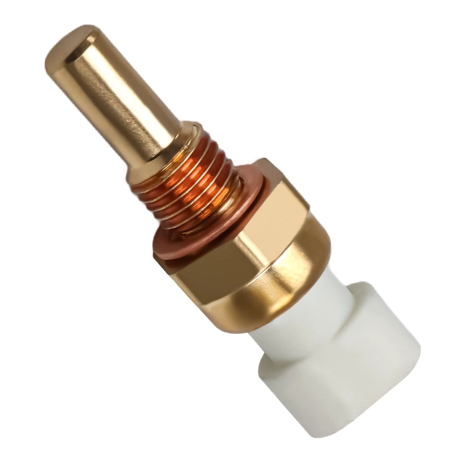 Engine Coolant Temperature Sensor ECT Water Temperature Sensor For GM Vehicles brass sensor with copper and white body, side view.