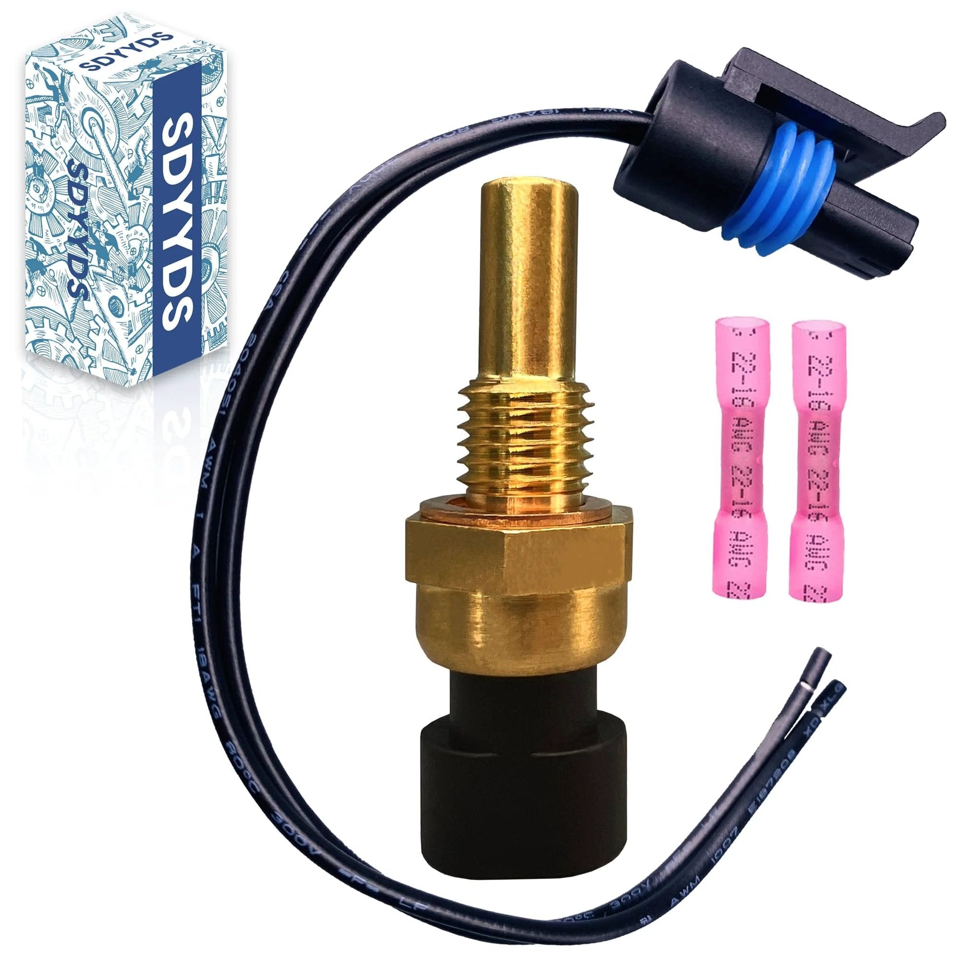 Engine Coolant Temperature Sensor With Pigtail Connector Plug-and-Play Replacement, brass body and wire connector.