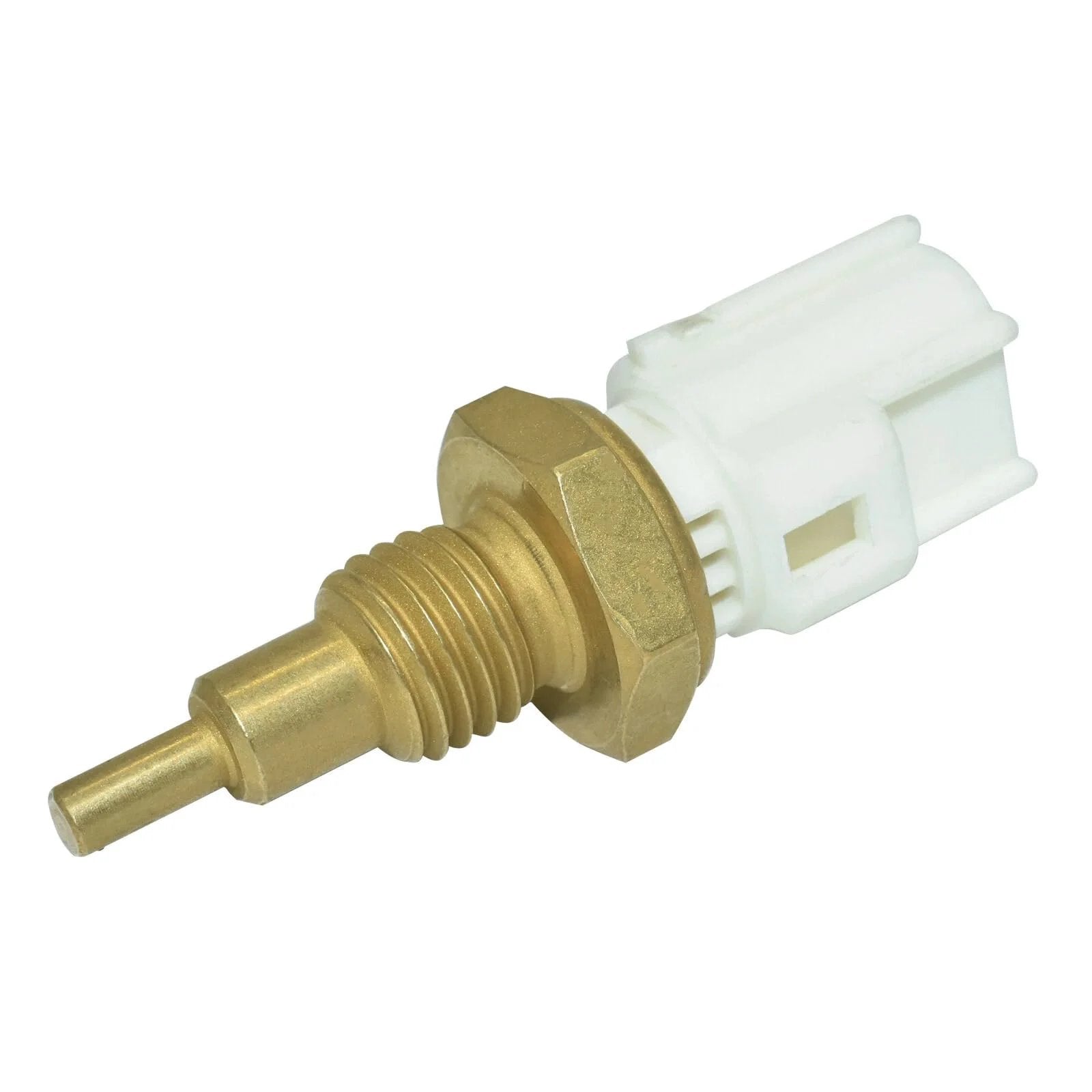 Engine Coolant Temperature Sensor For Toyota And Lexus Vehicles 1985 To 2019 No Fuss Install Fits 4Runner Camry Corolla CT200h ES300h ES350 RX350 RX400h RX450h Sienna Solara Tacoma TC Tundra L4 V6 V8 Replaces 88975489 88975490 close-up view of brass sensor with white connector.