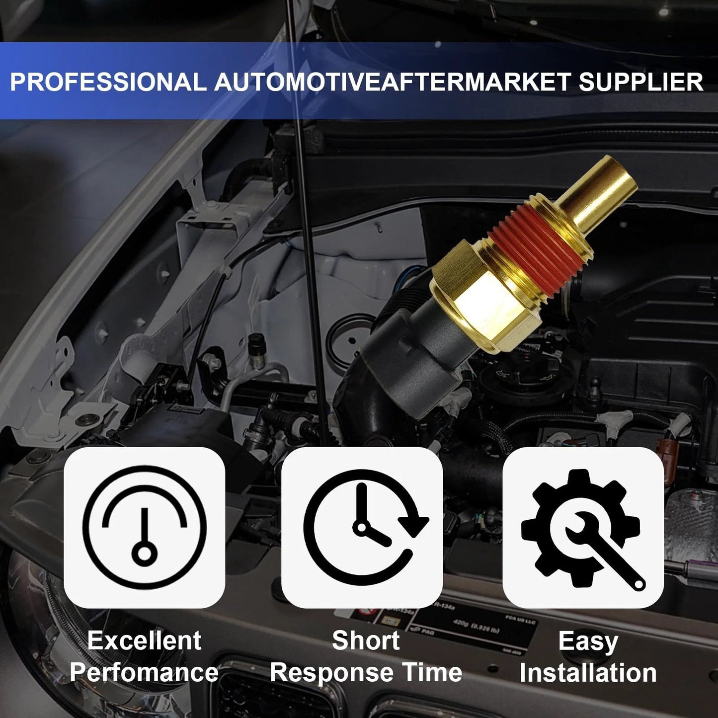 Engine Coolant Temperature Sensor Replacement For Chevy Silverado 1500 2500 3500 Dunviku OE Numbers 213928 15326386 TS10075 installed in engine bay.