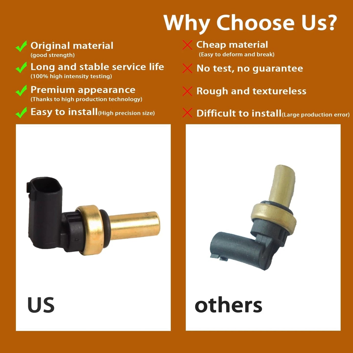 Engine Coolant Temperature Sensor For GM Cars Budget Friendly Fits Chevrolet Cruze Malibu Sonic Trax Volt Encore ATS ELR Spark Astra 2011 2019 1.4L 1.6L 1.8L 2.0L 2.4L Replaces 2134688 55591401 SU13821 Easy Install OEM Grade Replacement showing comparison of quality.